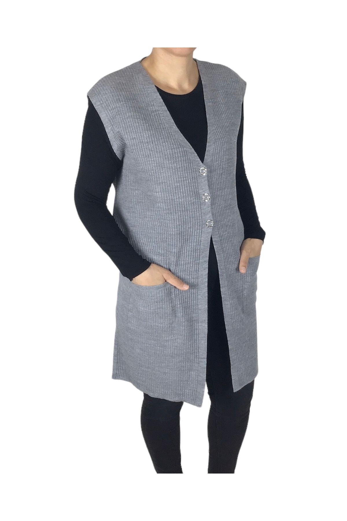 ECE GİYİM-Large Size Phytal Patterned Long Vest with Buttoned Pockets 3