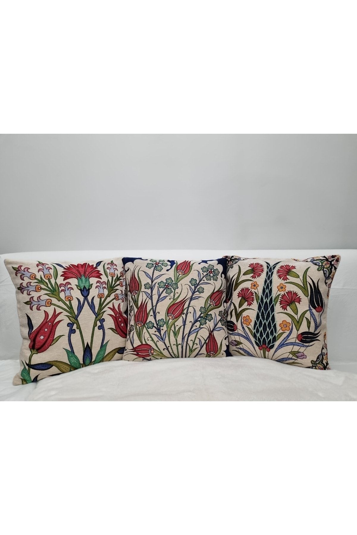 KIRLENT EV Tapestry Woven Tile Turkish Pattern 3 Piece Throw Pillow Case