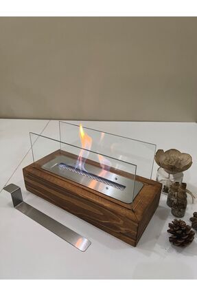 Moor Garden Ahşap Meşe Rengi Masa Üstü Şömine Sertifikalı Yakıt Ve Dekoratif Taş