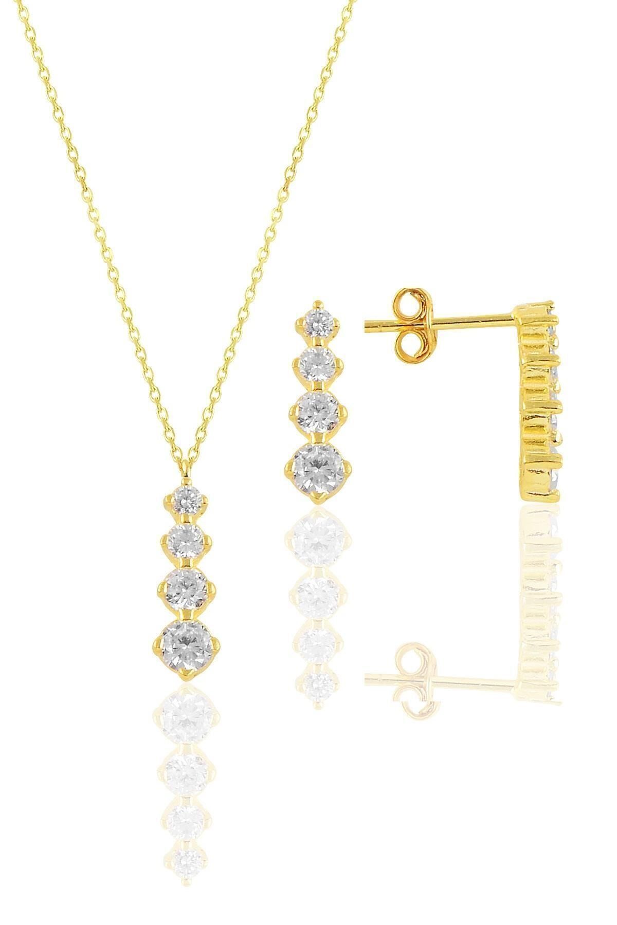 Söğütlü Silver Gümüş Altın Yaldızlı Zirkon Taşlı Işıltılı Ikili Set Sgtl10956gold