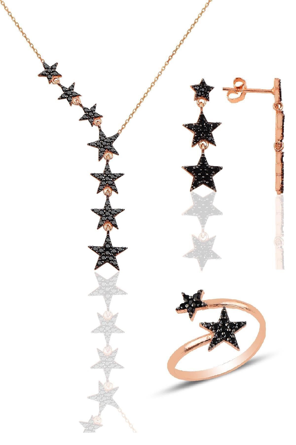 Söğütlü Silver Gümüş Rose Siyah Taşlı Kuyruklu Yıldız Kolye Kupe Ve Yüzük Üçlü Set Sgtl10588sıyah