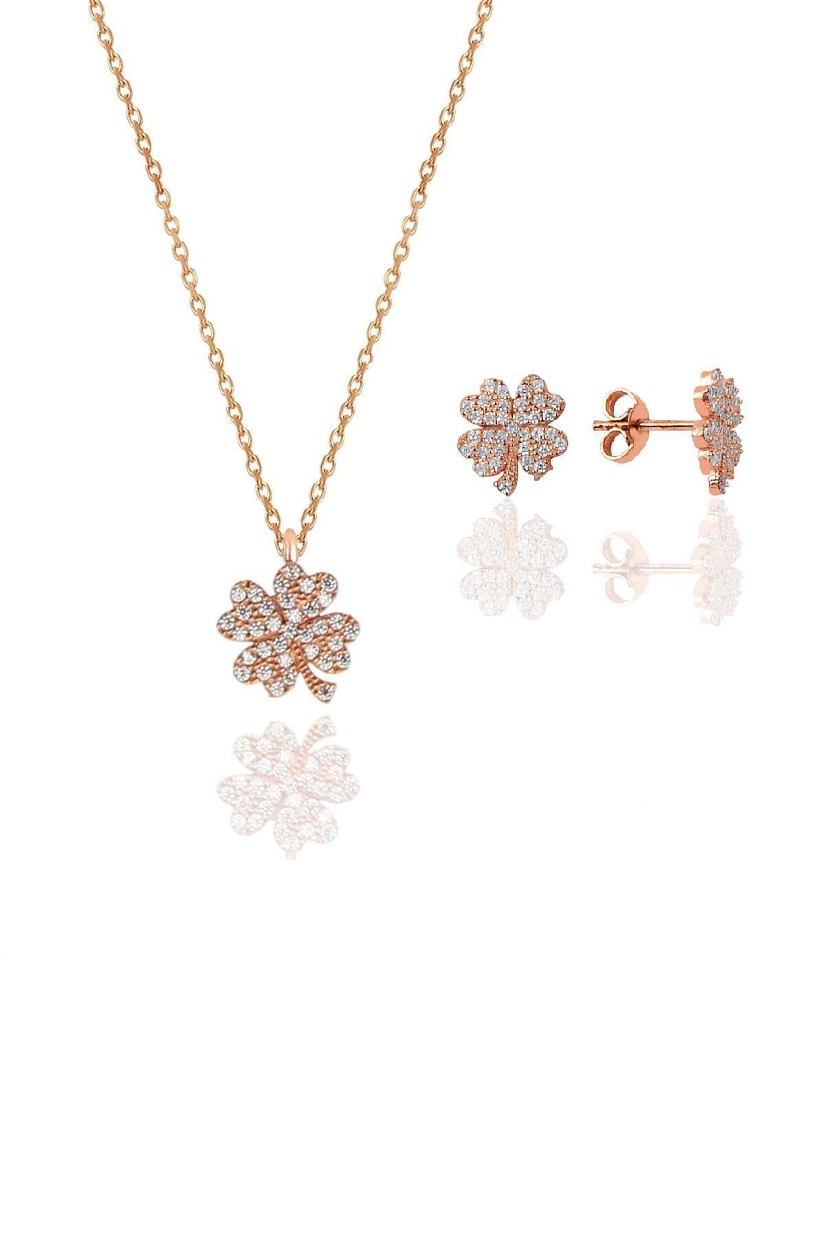 Söğütlü Silver Gümüş Rose Zirkon Taşlı Yonca Kolye Ve Küpe Gümüş Ikili Set Sgtl10602yonca