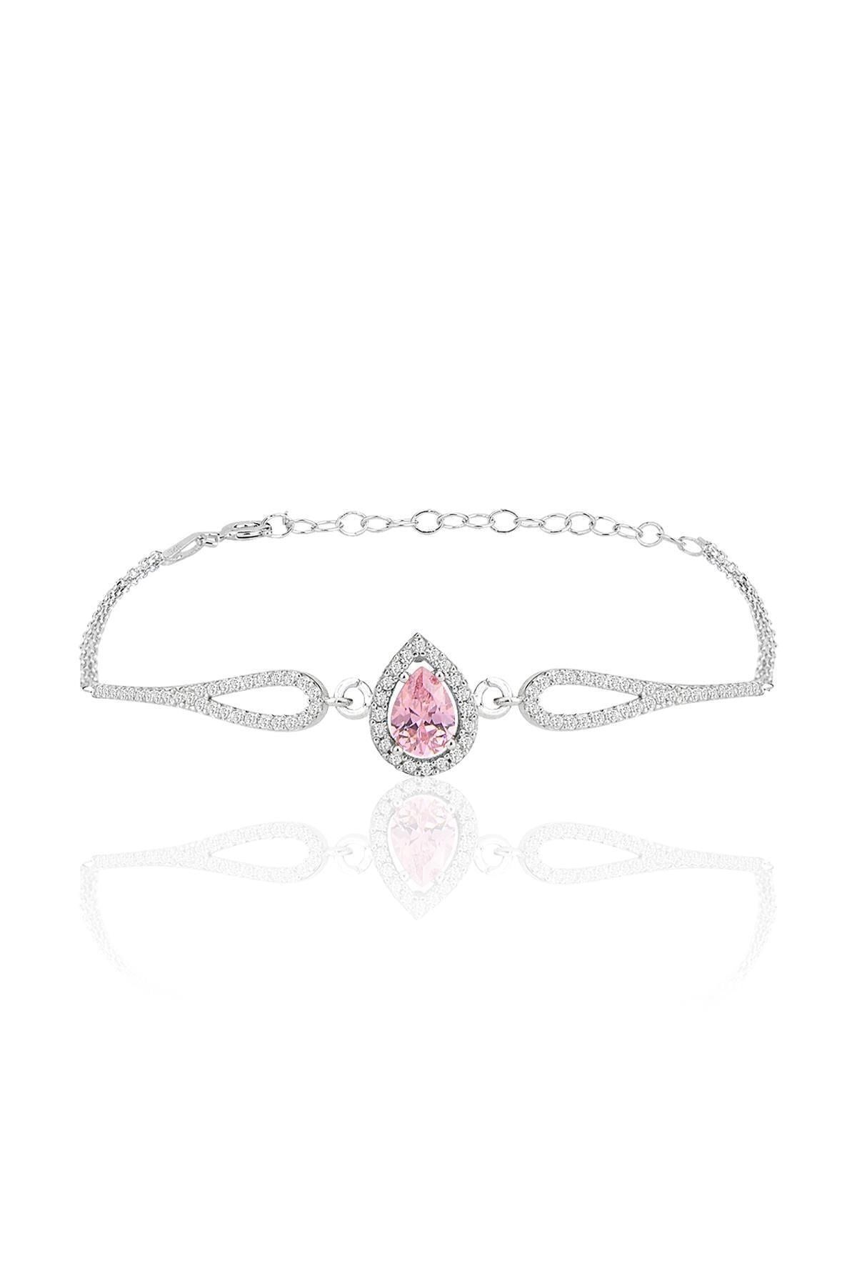 Gümüş rodyumlu pembe zirkon taşlı pırlanta modeli damla bileklik SGTL12219PEMBE 2