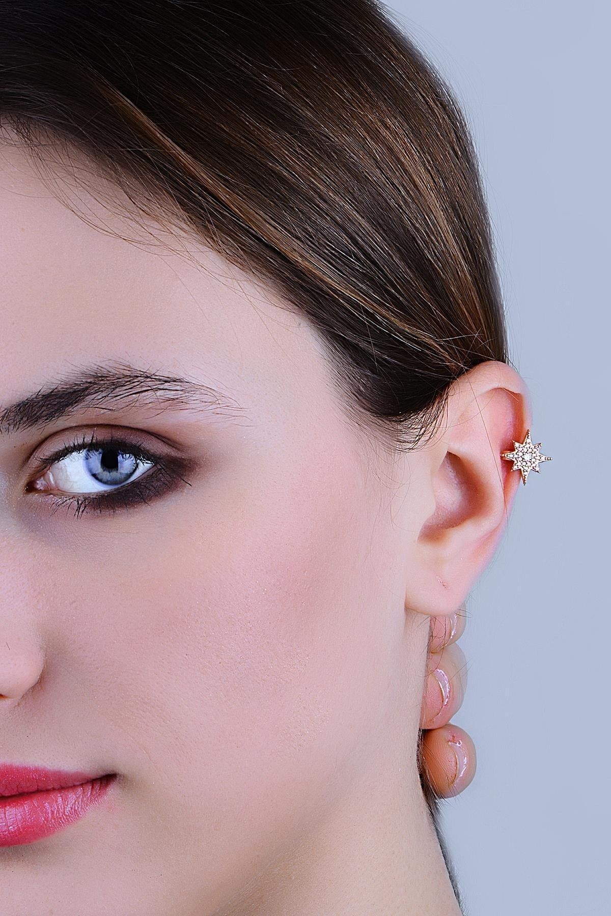 Gümüş Rose Zirkon Taşlı Sıkıştırmalı Kutup Yıldızı Kıkırdak Küpe Ear Cuff Sgtl11959rose 2