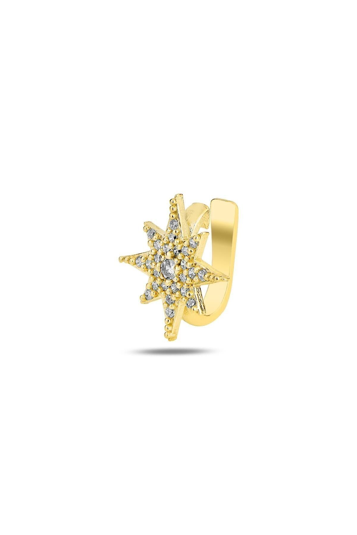 Gümüş Altın Yaldızlı Zirkon Taşlı Sıkıştırmalı Kutup Yıldızı Kıkırdak Küpe Ear Cuff Sgtl11959gold 2