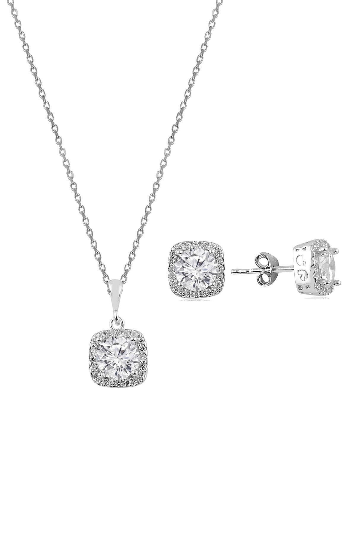 Söğütlü Silver Gümüş Zirkon Taşlı Kare Pırlanta Montürlü Gümüş Ikili Set Sgtl10727rodaj