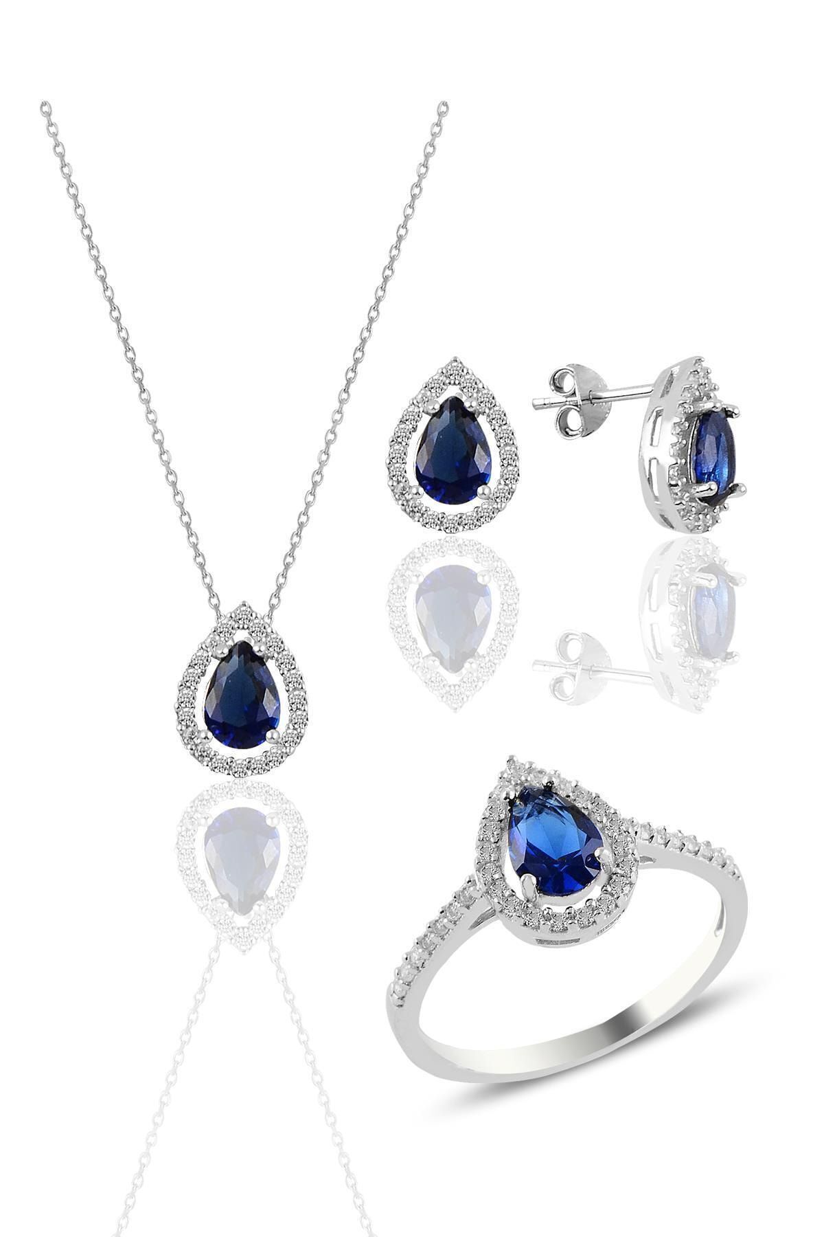 Söğütlü Silver Gümüş Rodyumlu Safir Taşlı Damla Modeli Üçlü Set Sgtl11003