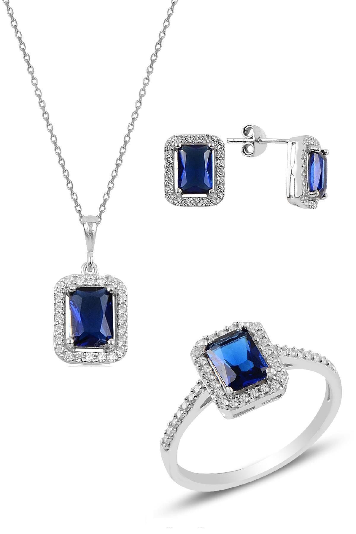 Söğütlü Silver Gümüş Rodyumlu Safir Baget Taşlı Üçlü Set Sgtl10733