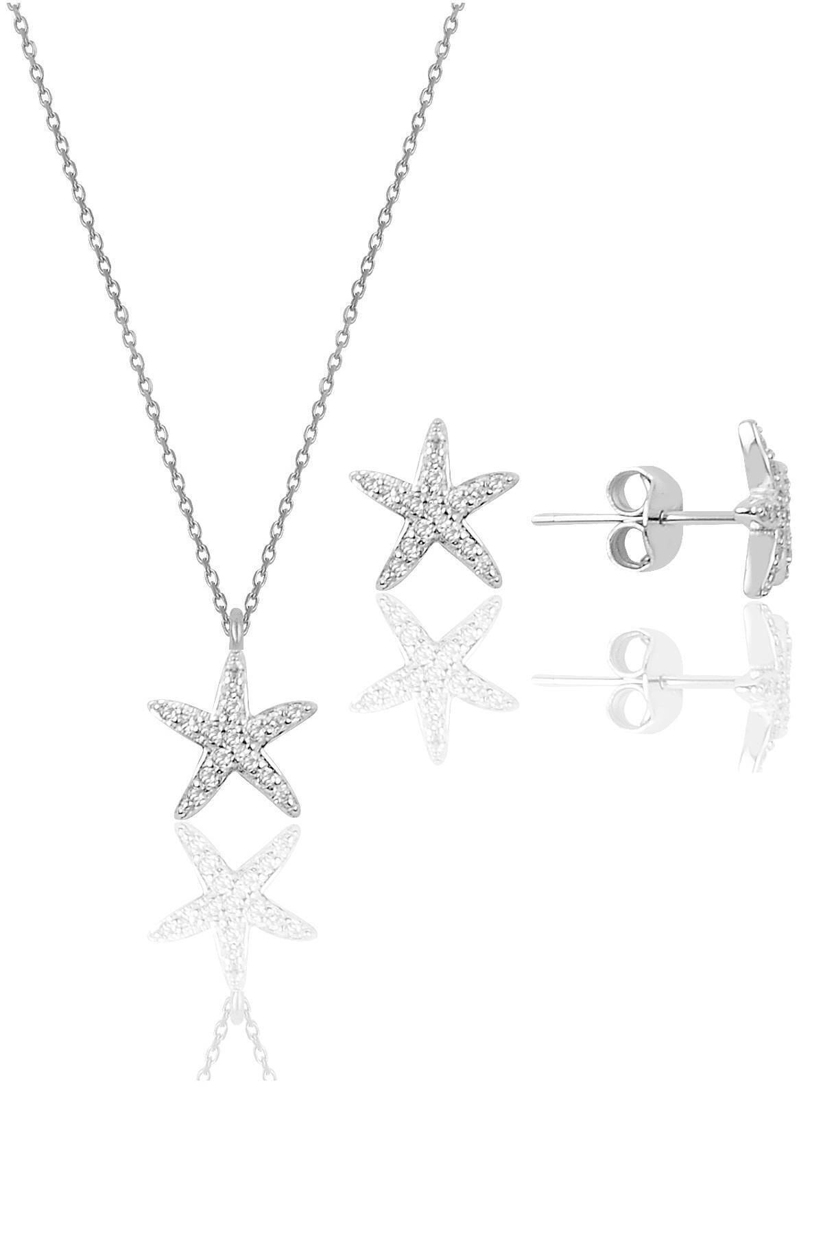Söğütlü Silver Gümüş Rodyumlu Zirkon Taşlı Deniz Yıldızı Kolye Ve Küpe Ikili Set Sgtl11441rodaj