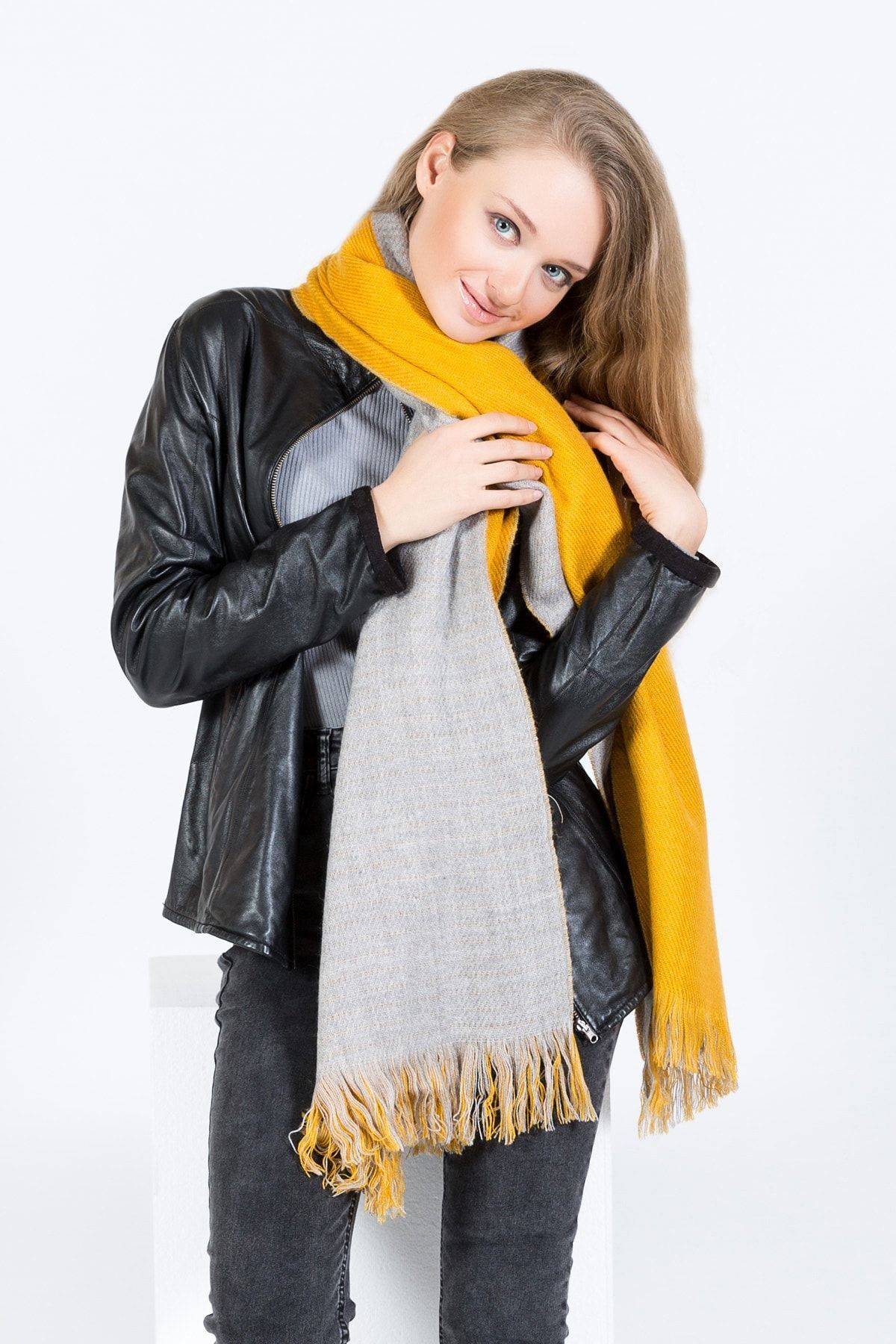POSUSS-Double Sided Acrylic Women's Shawl Cm- Yellow/grey - Ps2102 4