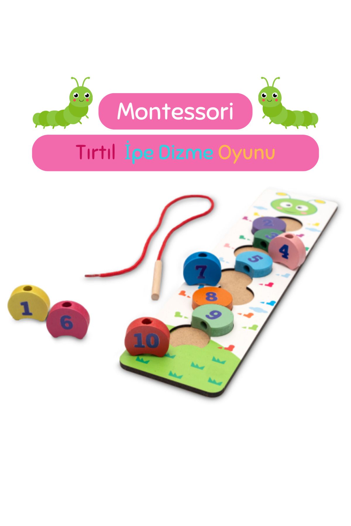 Montessori Eğitici Ahşap Tırtıl İpe Dizme Oyunu - Renkli Sayılar