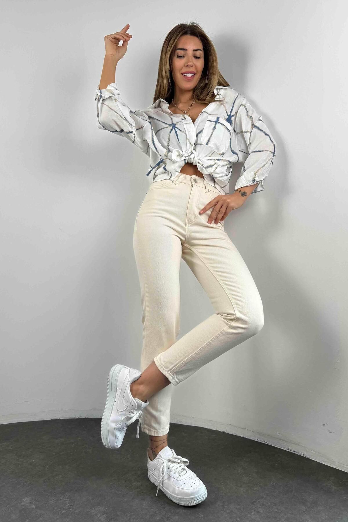 Geppetto-High Waist Women's Jeans - Ecru Penolope Mom Pants 2