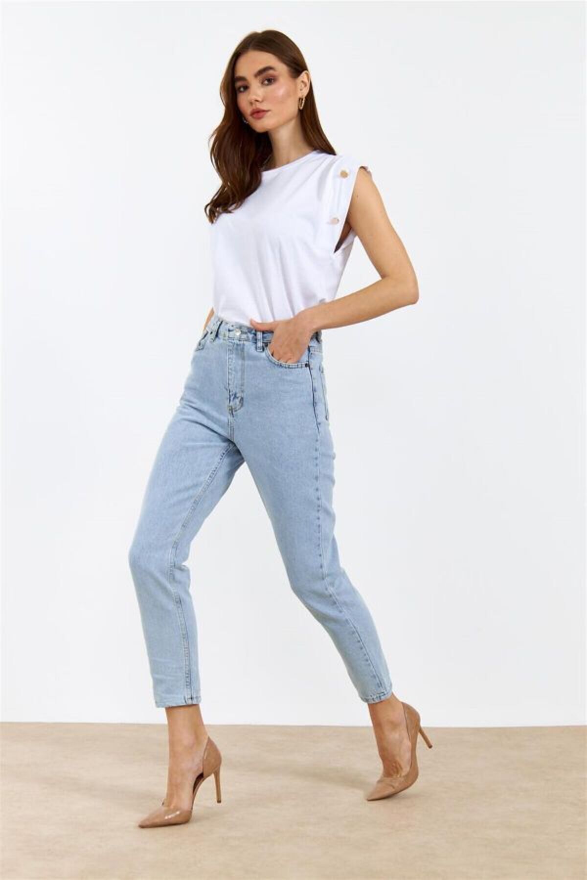 Geppetto Penolope Women - Blugi Indigo Boyfriend, Blugi Mom Cu Talie Înaltă, Albastru Zăpadă Femeie - 42