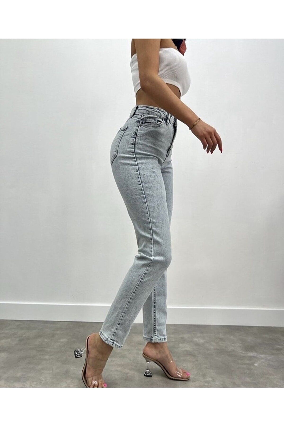 Geppetto-Penolope Blugi Mom Blue Mom cu talie înaltă Zero Max Pantaloni albaștri flexibili din Lycra 3