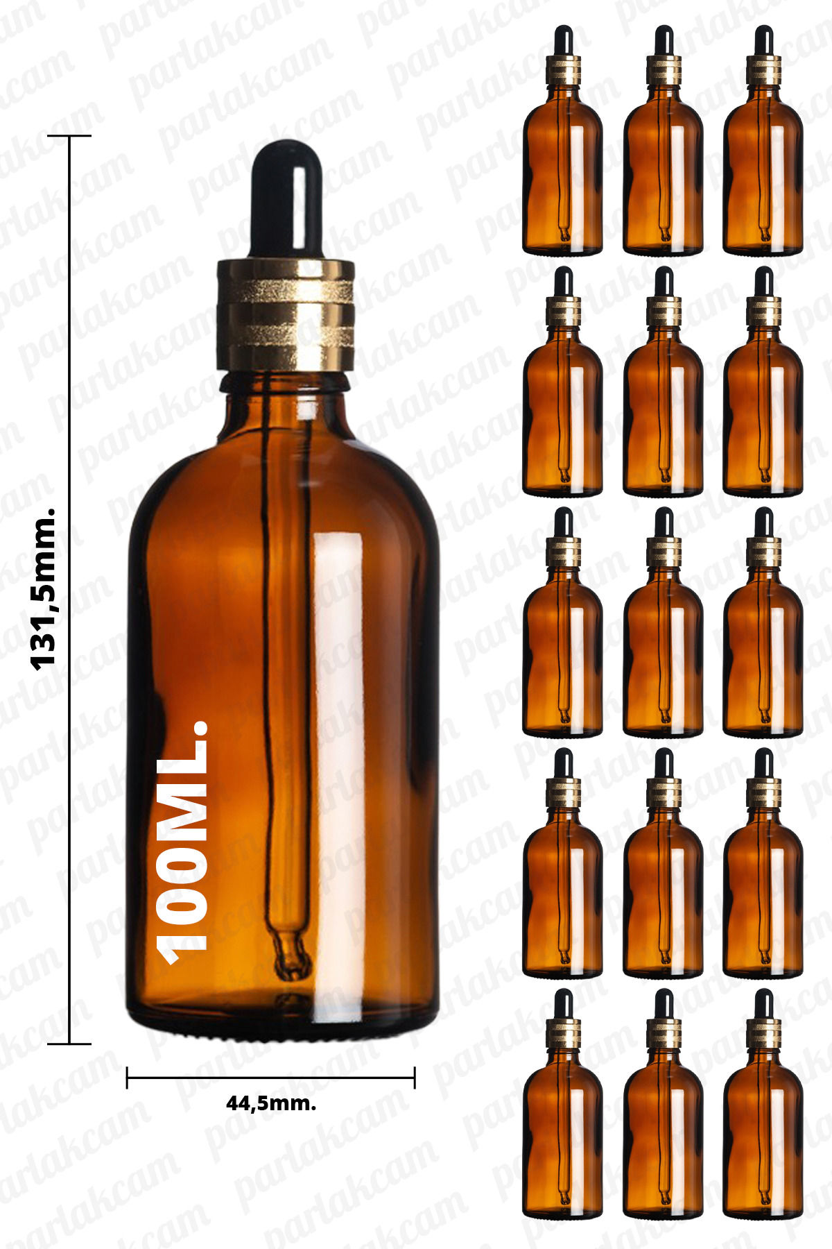 parlakcam 100ml Amber Cam Damlalıklı Şişe 100cc Gold Metal Yüzüklü Özel Tasarım Cam Şişe 15 Adet