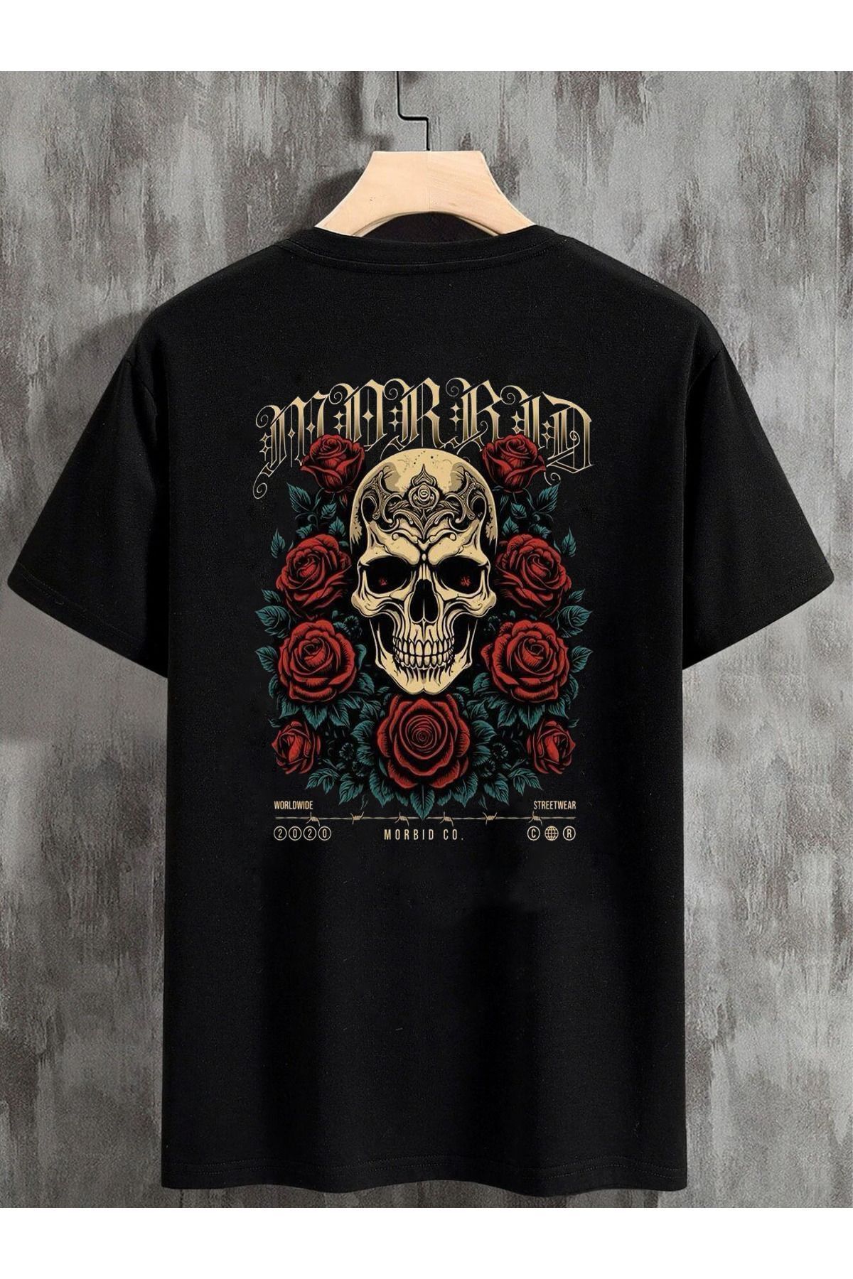 DEEPSENCE-Rose Skull Patterned Unisex Oversize Black T-shirt 1