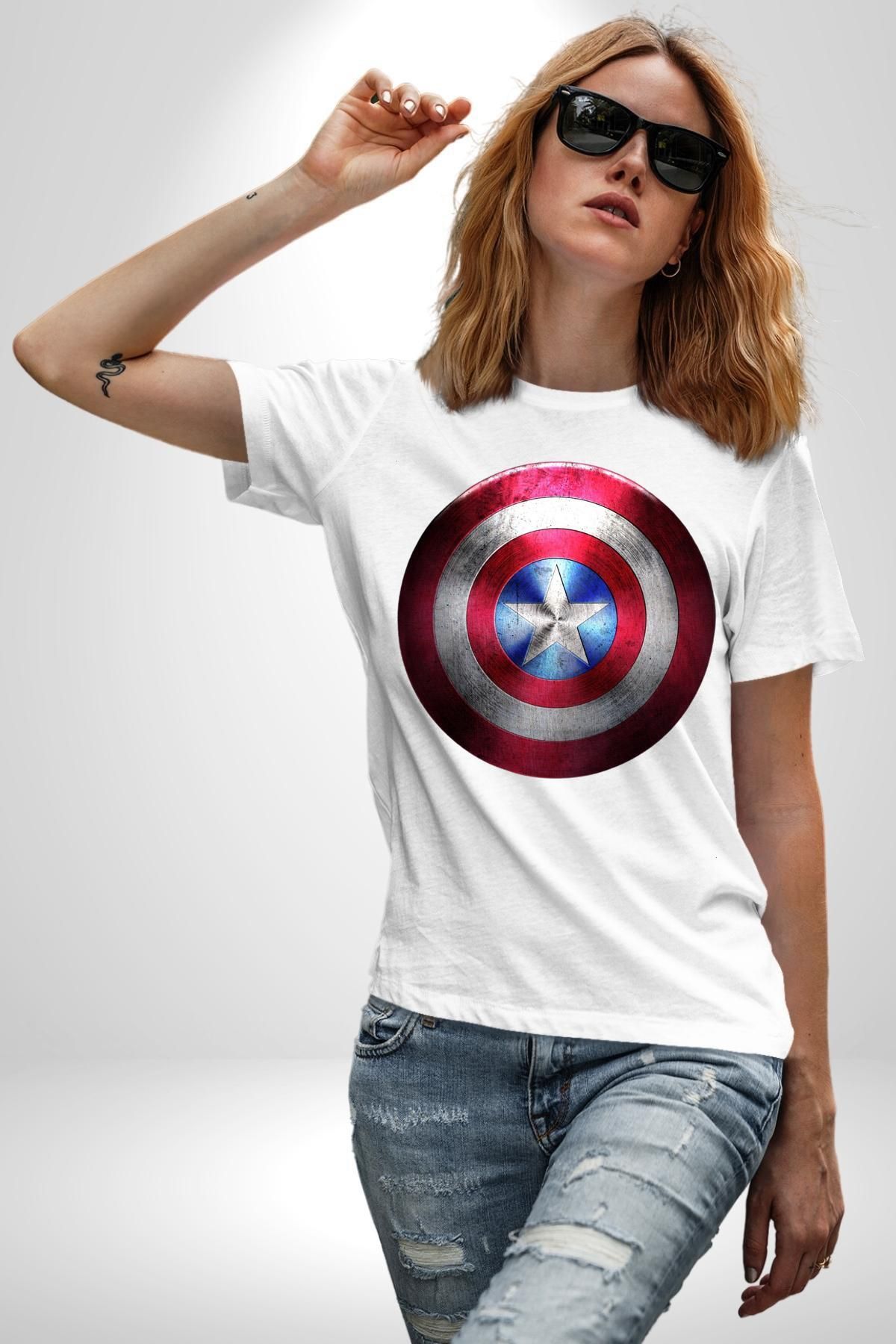 Angemiel Captain America Shield Women Men Unisex White Organic Printed T Shirt Combed Cotton High Quality Trendyol