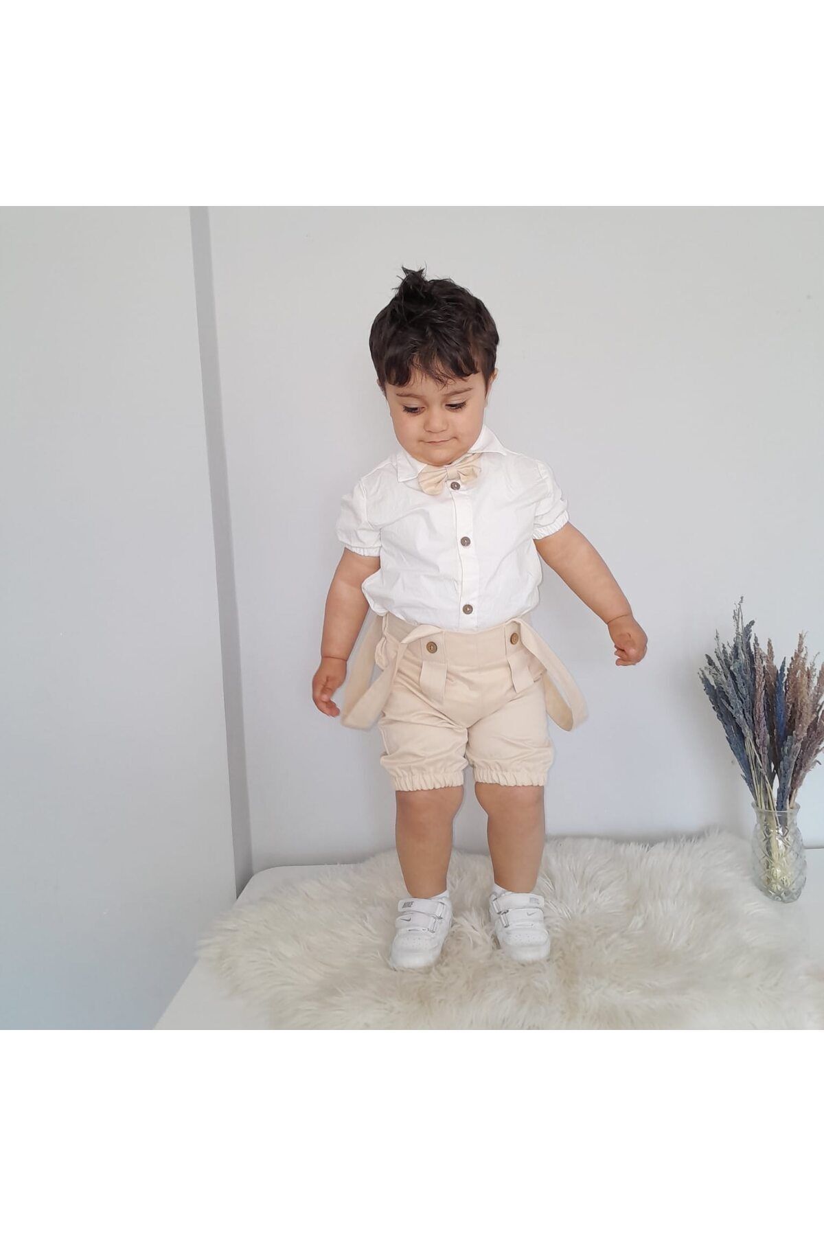 ykr design Yazlık Şort Erkek Çocuk Bebek Salopet Gömlek Papyon Takım (Çoraplar Takıma Dahil Değildir) fotoğrafı 2 (önizleme)