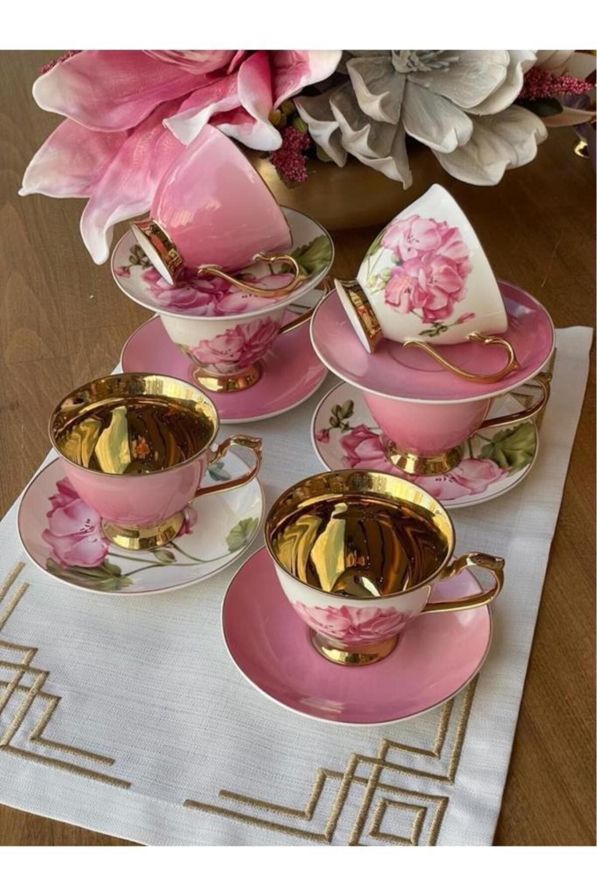 Sembol Smyrna Pembe Gold Çiçekli 6 Kişilik Porselen Kahve Fincan Takımı ...