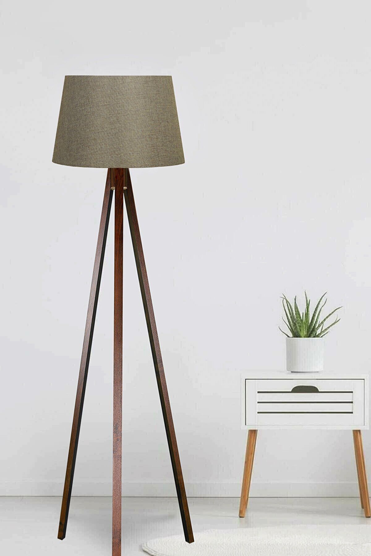 Keten Başlıklı Kumaş Lambader Mdf Ayak Yeşil Kahve LY583 - 1
