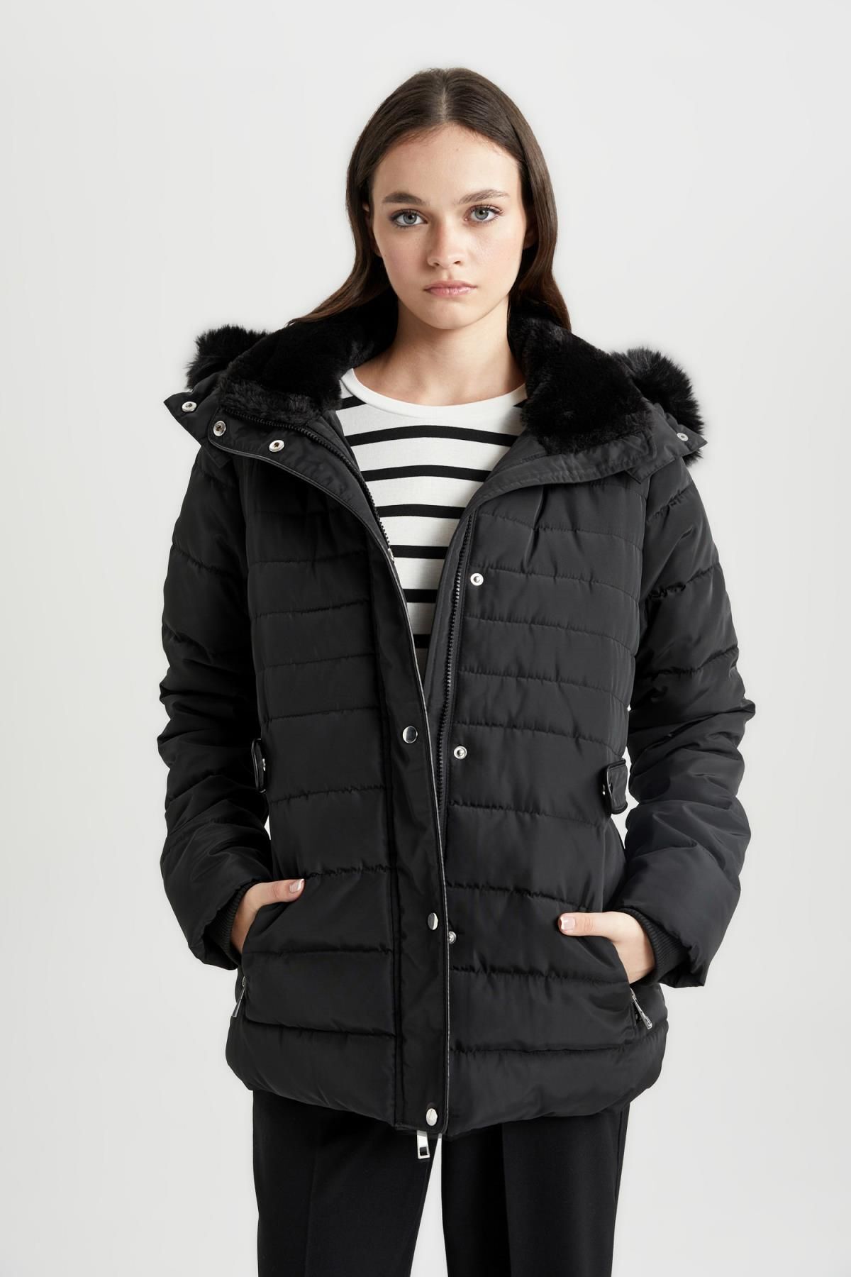 DeFacto-Water Repellent Removable Faux Fur Hooded Quilted Coat A0772Ax23Wn 3
