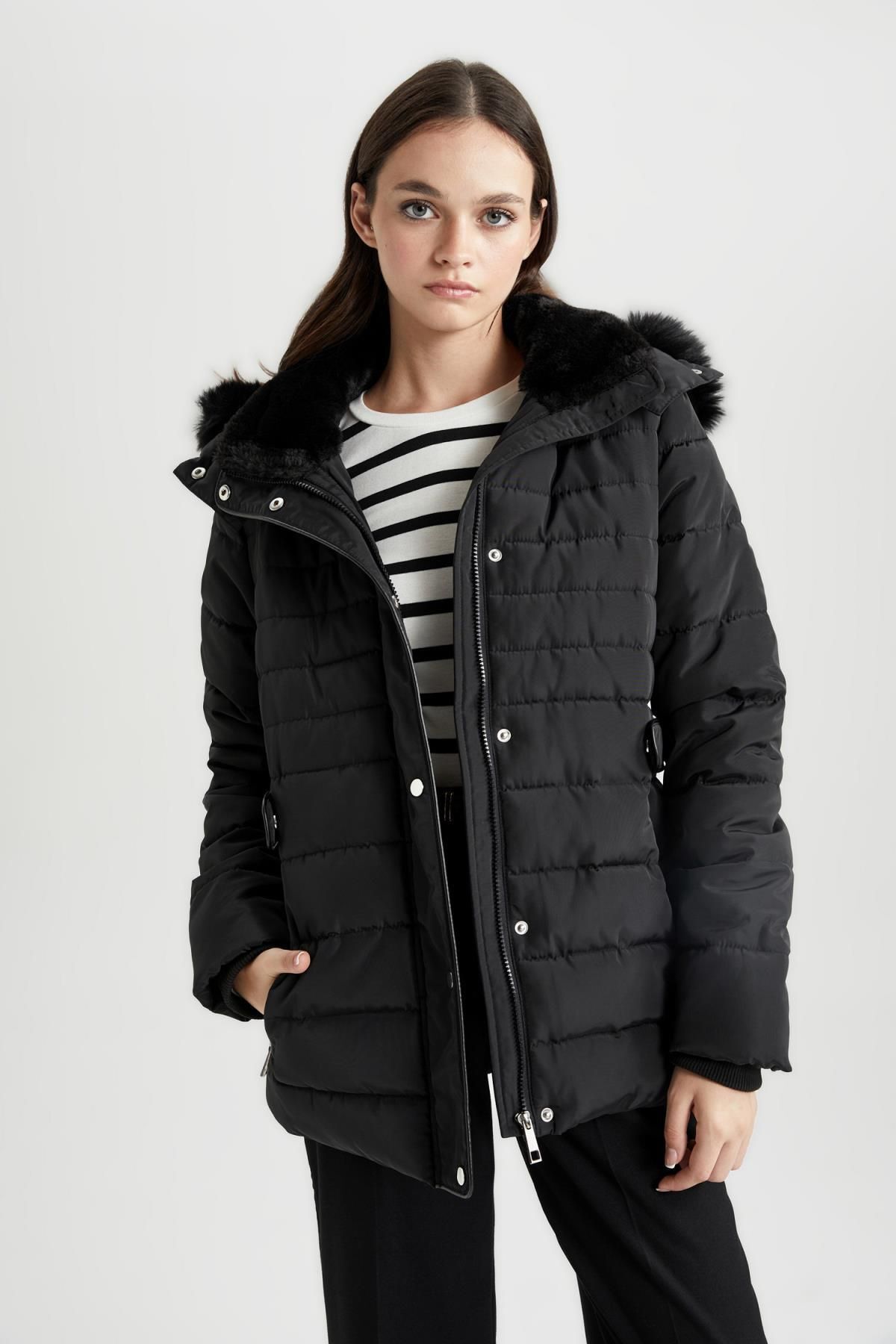 DeFacto-Water Repellent Removable Faux Fur Hooded Quilted Coat A0772Ax23Wn 1
