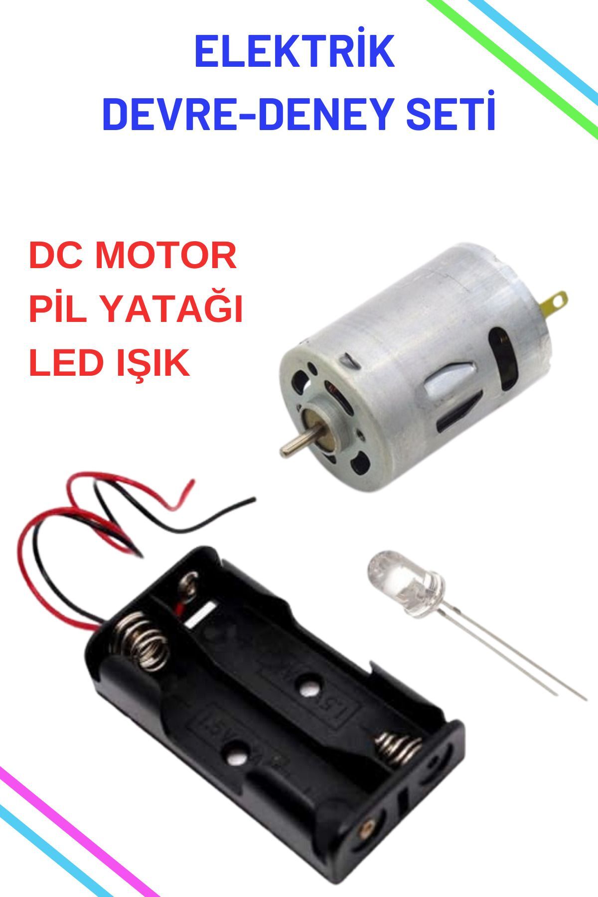 Basit Elektrik Devre Deney Etkinlik Seti, Dc Motor, Led lamba ışık, pil yatağı,