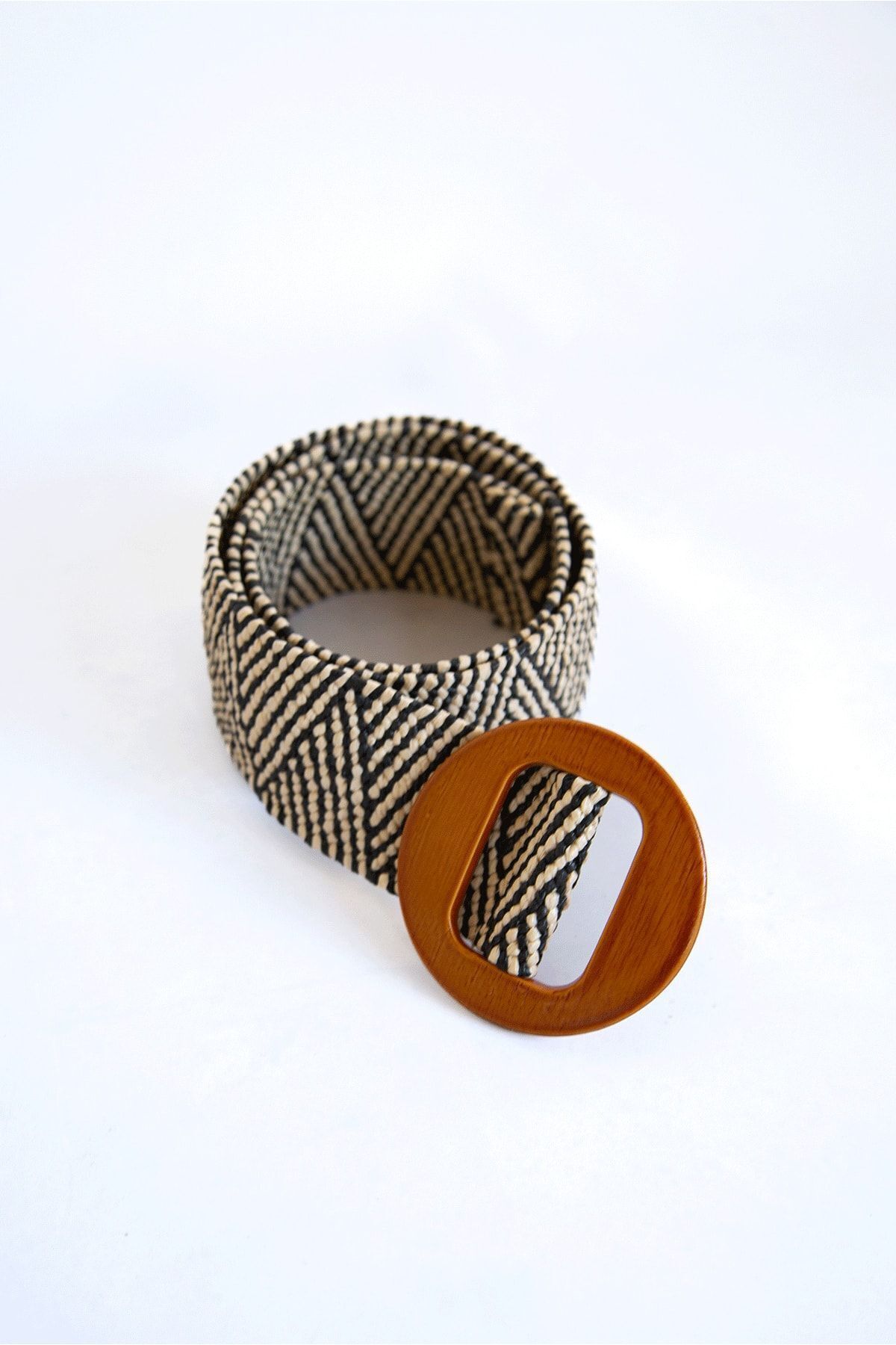 Sun Pieces-Beige Black Jute Elastic Belt, Wooden Buckle Straw Belt, Summer Belt 3