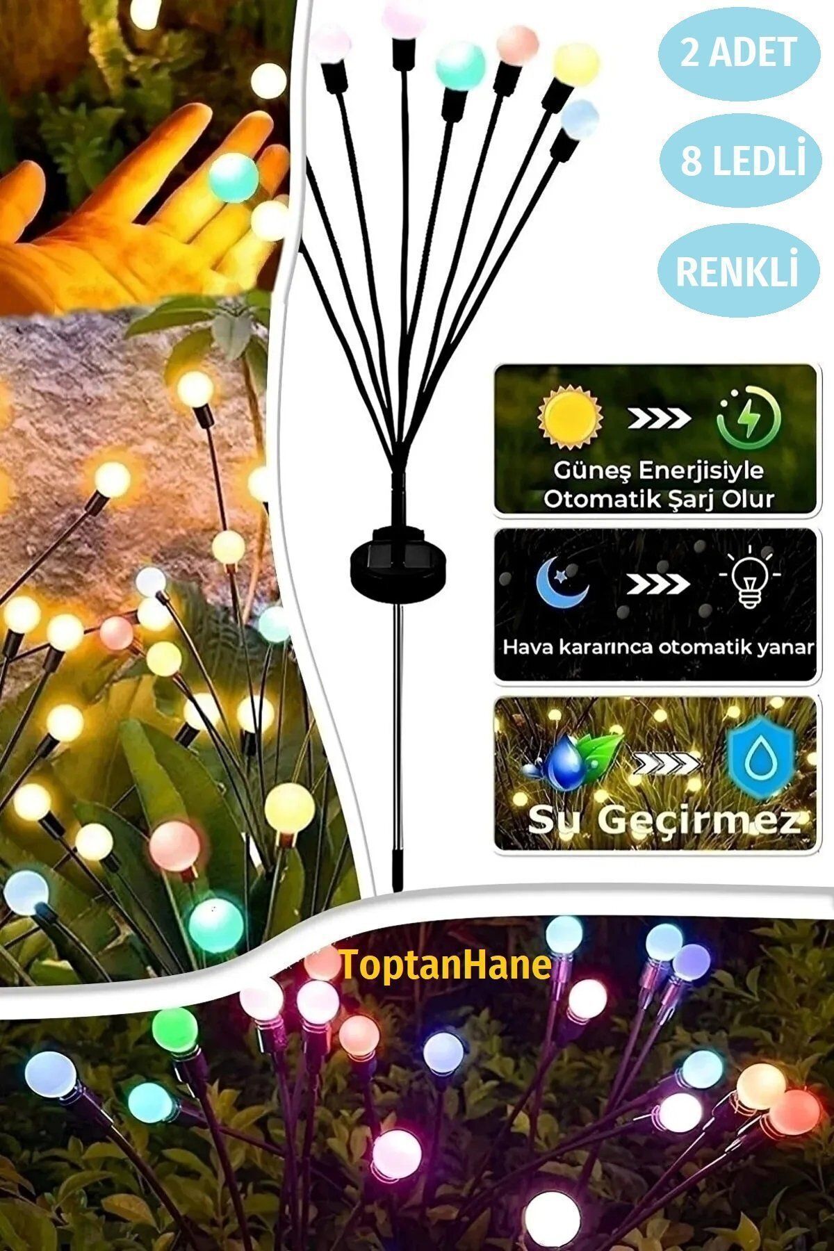 Toptanhane 2 Adet 8 Led'li Güneş Enerjili Ateş Böceği Renkli Led Bahçe Çiti Aydınlatma Lamba Solar Peyzaj Süs