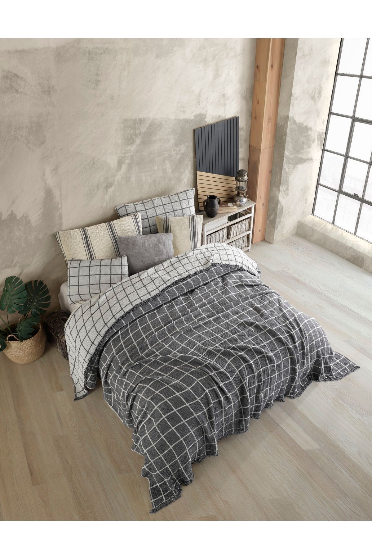 Gri Kare Desenli Naturel 4 Katlı Muslin %100 Pamuk Tek Kişillik Yatak Örtüsü/Pike 160x240cm 4