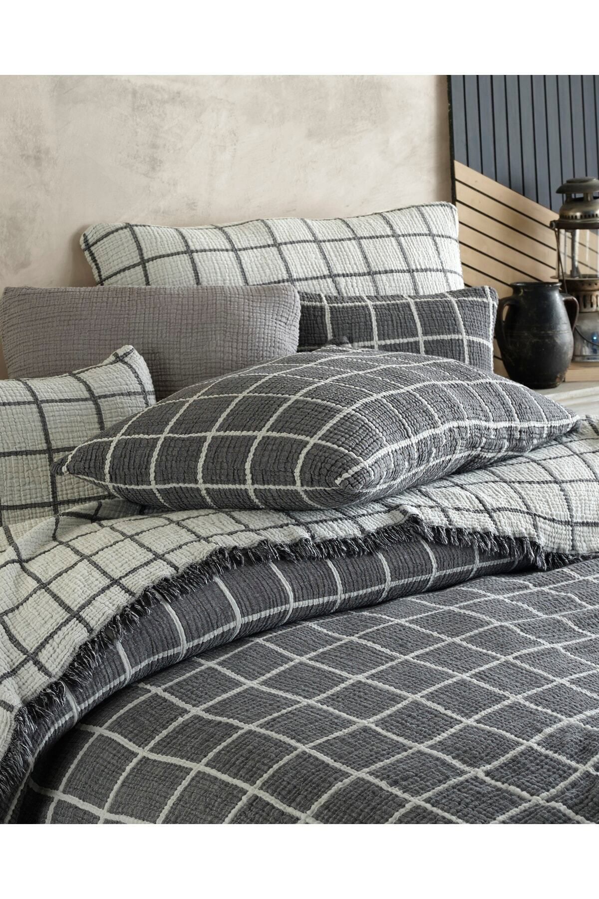 destinyhometex Gri Kare Desenli Naturel 4 Katlı Muslin %100 Pamuk Çift Kişillik Yatak Örtüsü/Pike 240x250cm.