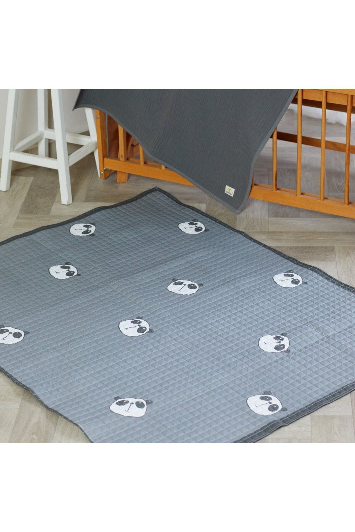 arbababy %100 Organik Pamuk Çocuk Oyun Matı - Panda Temalı - Antrasit - 120 X 150 Cm fotoğrafı 2 (önizleme)
