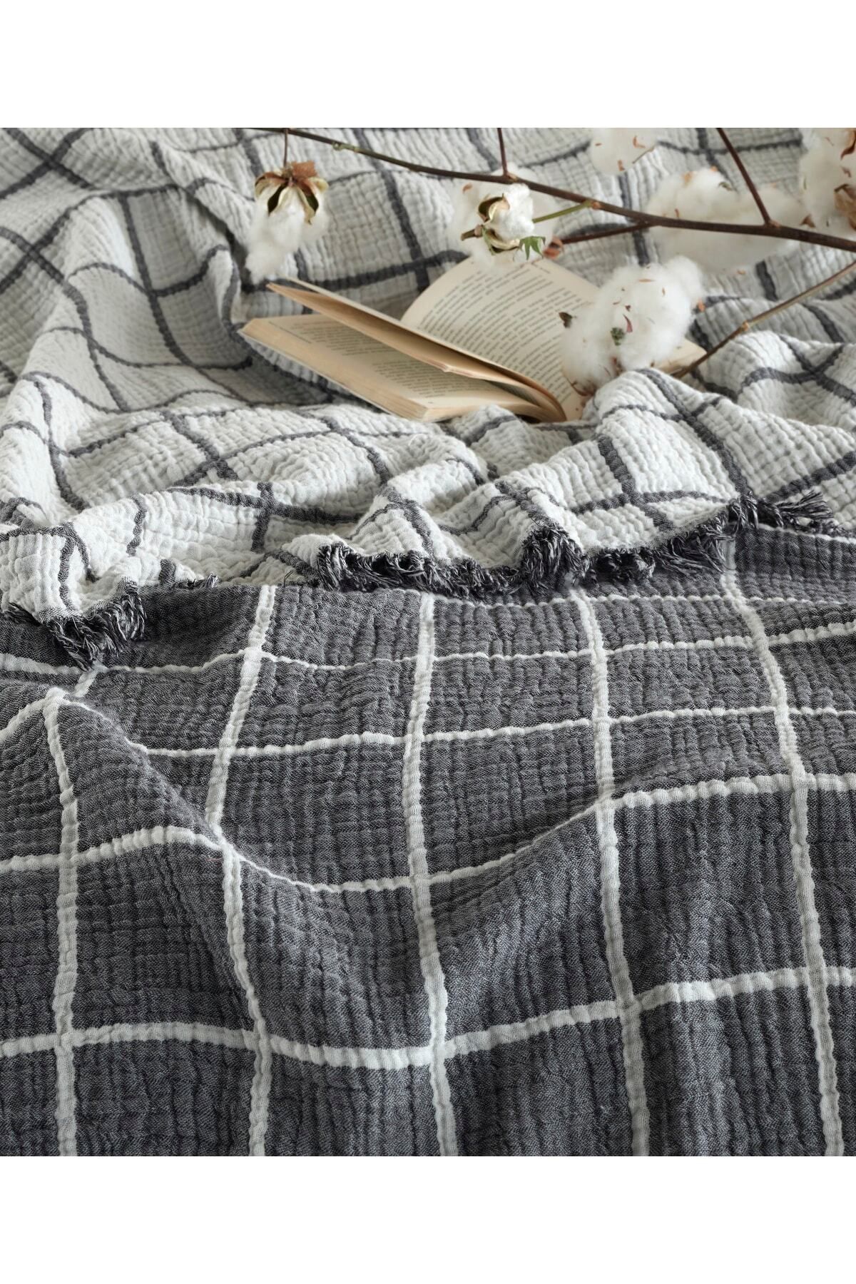destinyhometex Gri Kare Desenli Naturel 4 Katlı Muslin %100 Pamuk Çift Kişillik Yatak Örtüsü/Pike 240x250cm.
