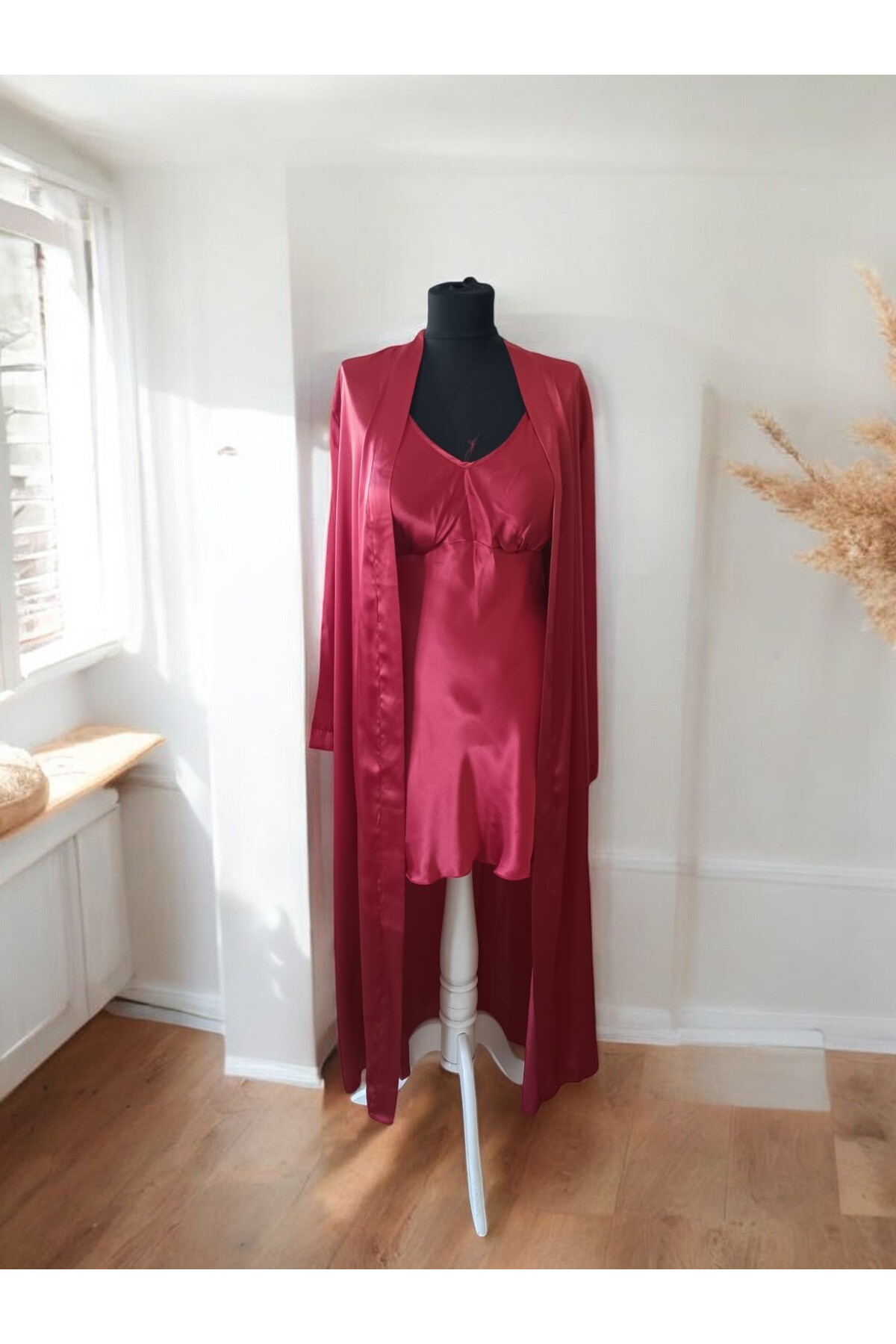 Blessed Home Çeyizlik Ipek Saten ikili uzun  Gecelik Sabahlıklı Takım