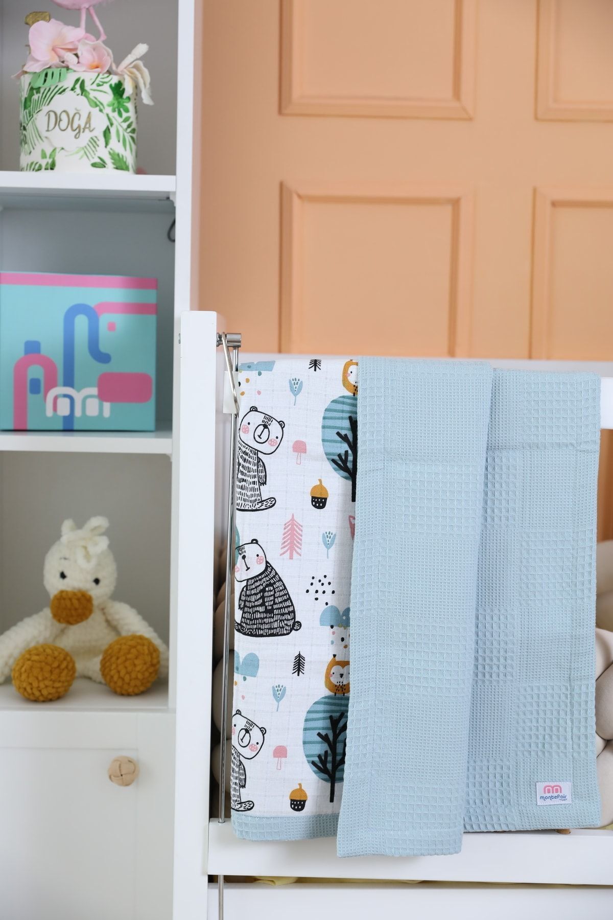 Wild Animals Blue Baby Blanket, 80x80 Cm 100% Cotton Muslin Fabric Waffle Pique