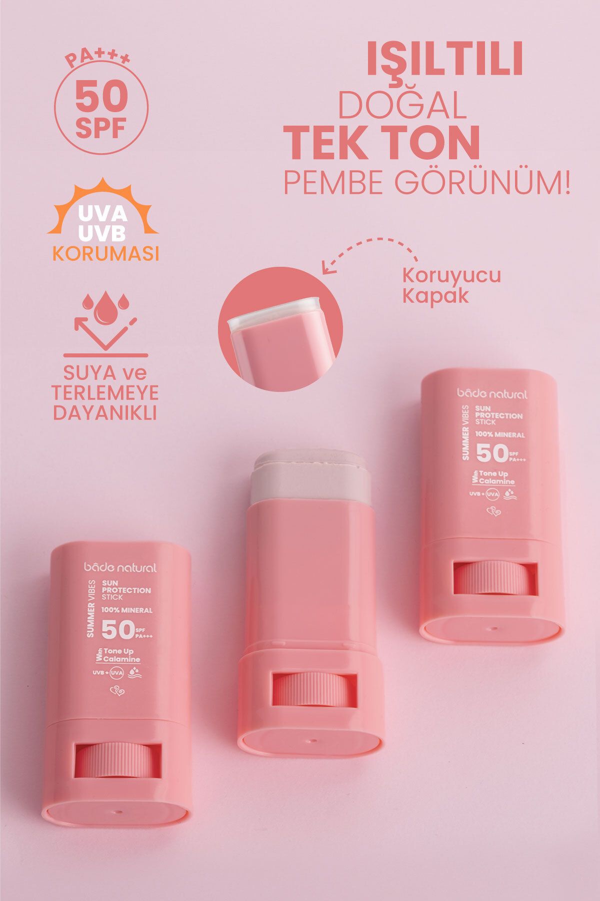 استیک ضد آفتاب با محافظ 50 SPF شب و روشن کننده پوست صورتی با محافظ بالا Bade Natural