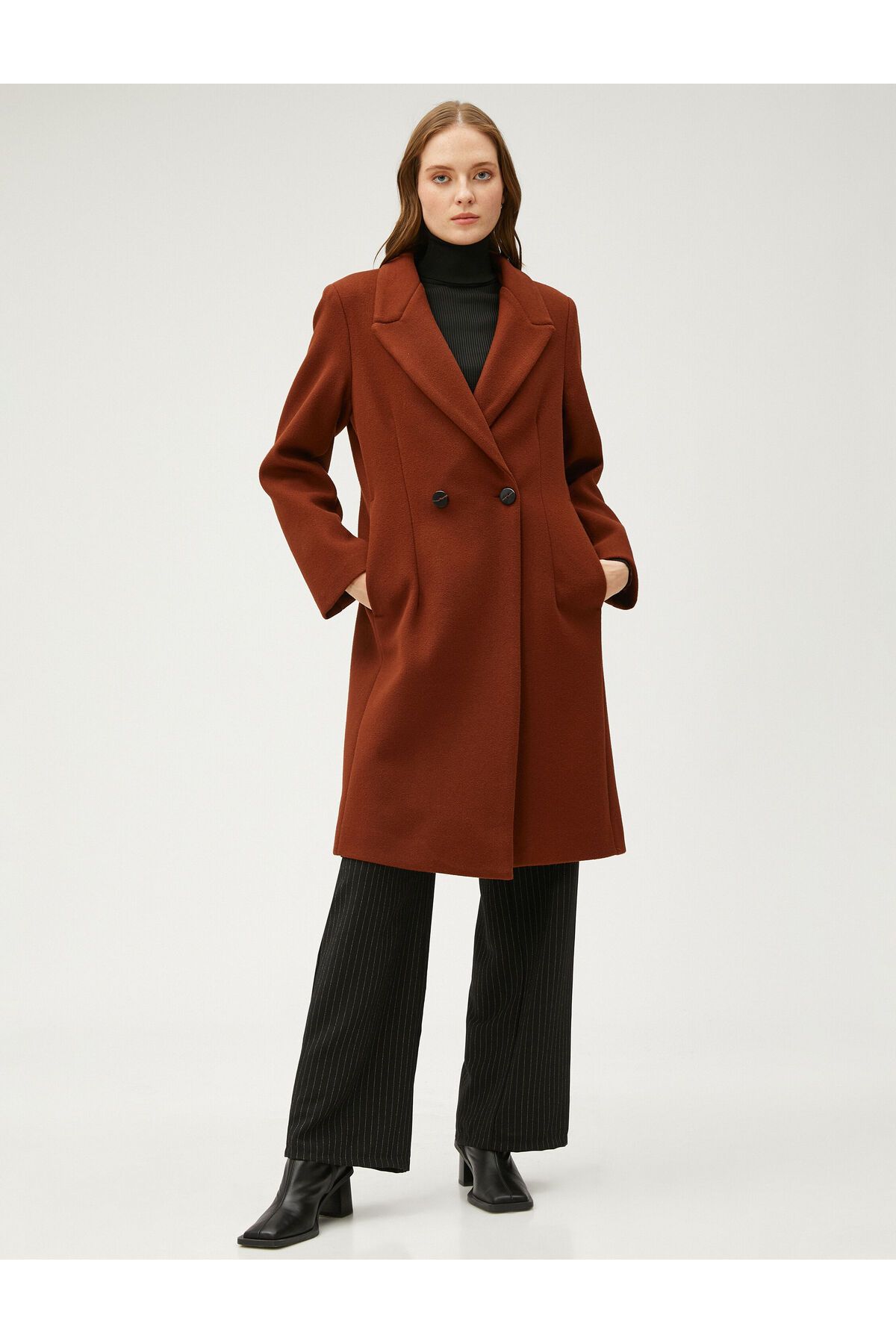 Koton-Long Cashmere Coat Double Breasted Double Buttoned with Pockets 3