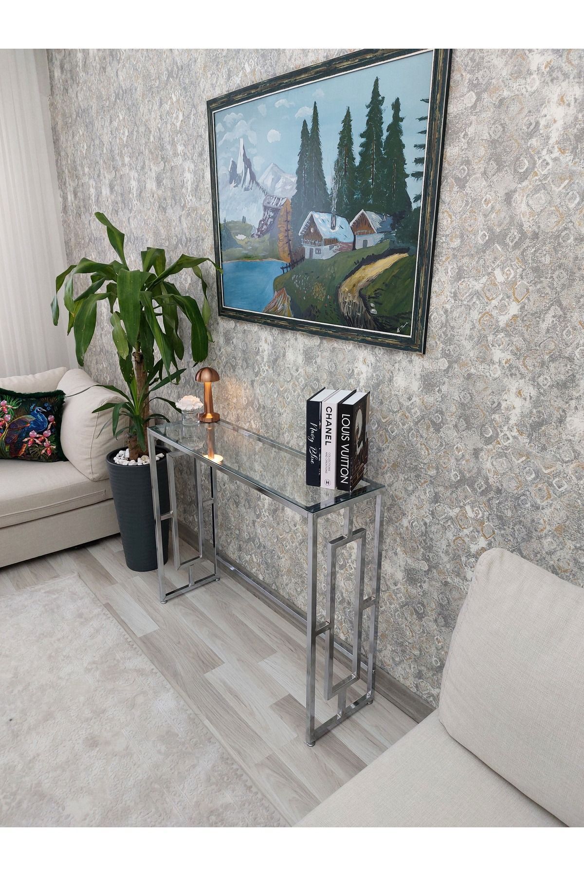 Alin Decoration - Metal Dekoratif Dresuar, Konsol Masası Krom Renk - Şeffaf Temperli Cam