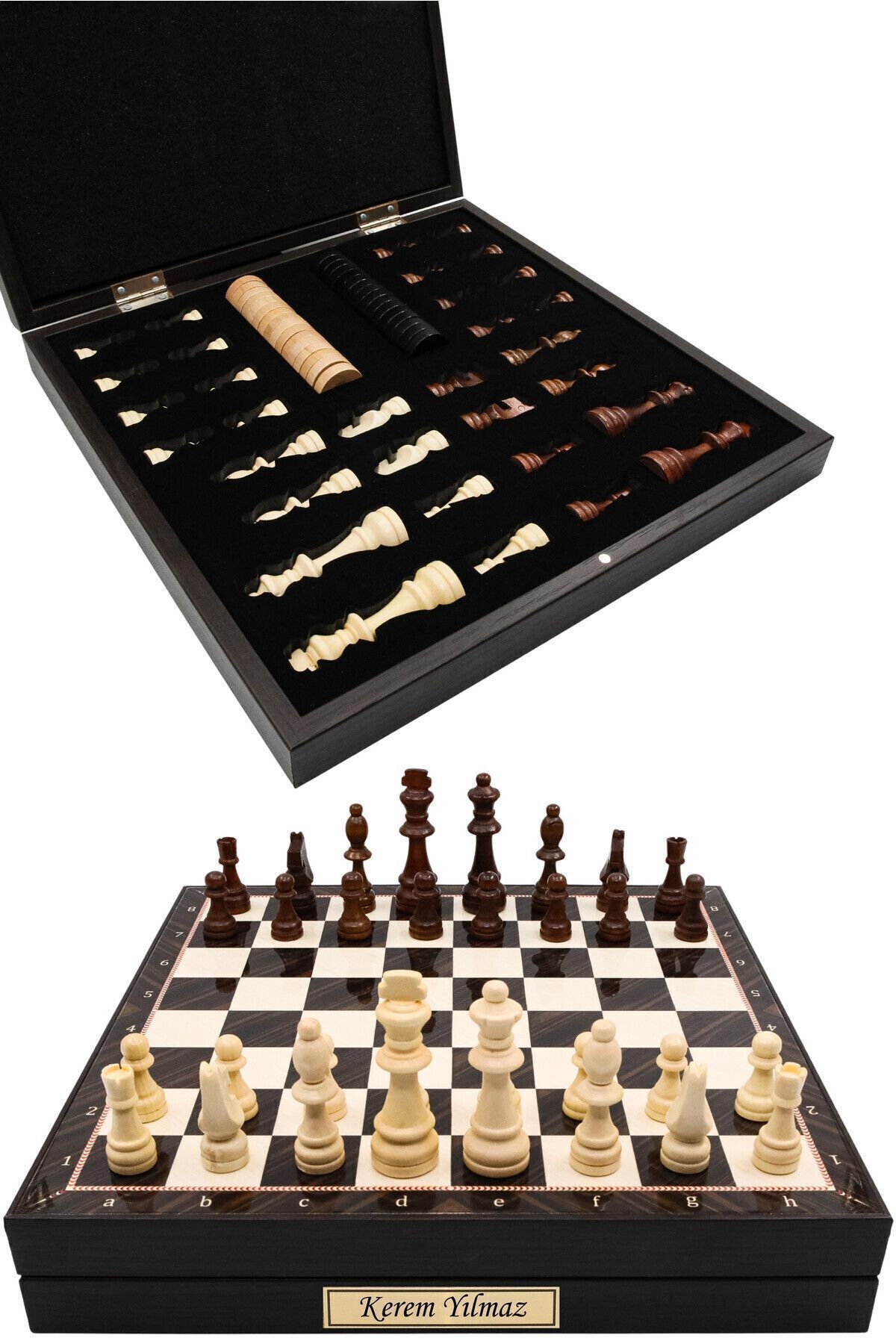 Cooper Chess Kutulu Ahşap Satranç ve Dama Takımı | Kişiye Özel Metal Etiketli | 36cm Ahşap Ceviz Desenli Satranç