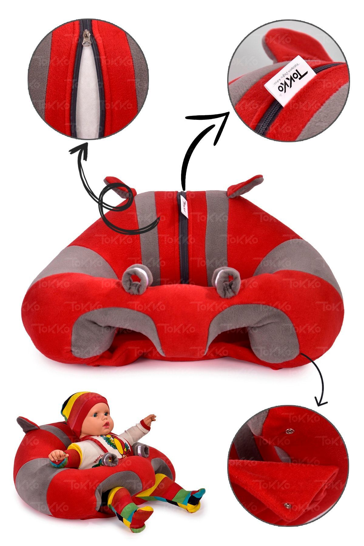 Lüks Üçlü Set - + 60 Cm Uyku Fili + Peluş Ayıcık - Antibakteriyel 3'lü Set Kırmızı Gri 2
