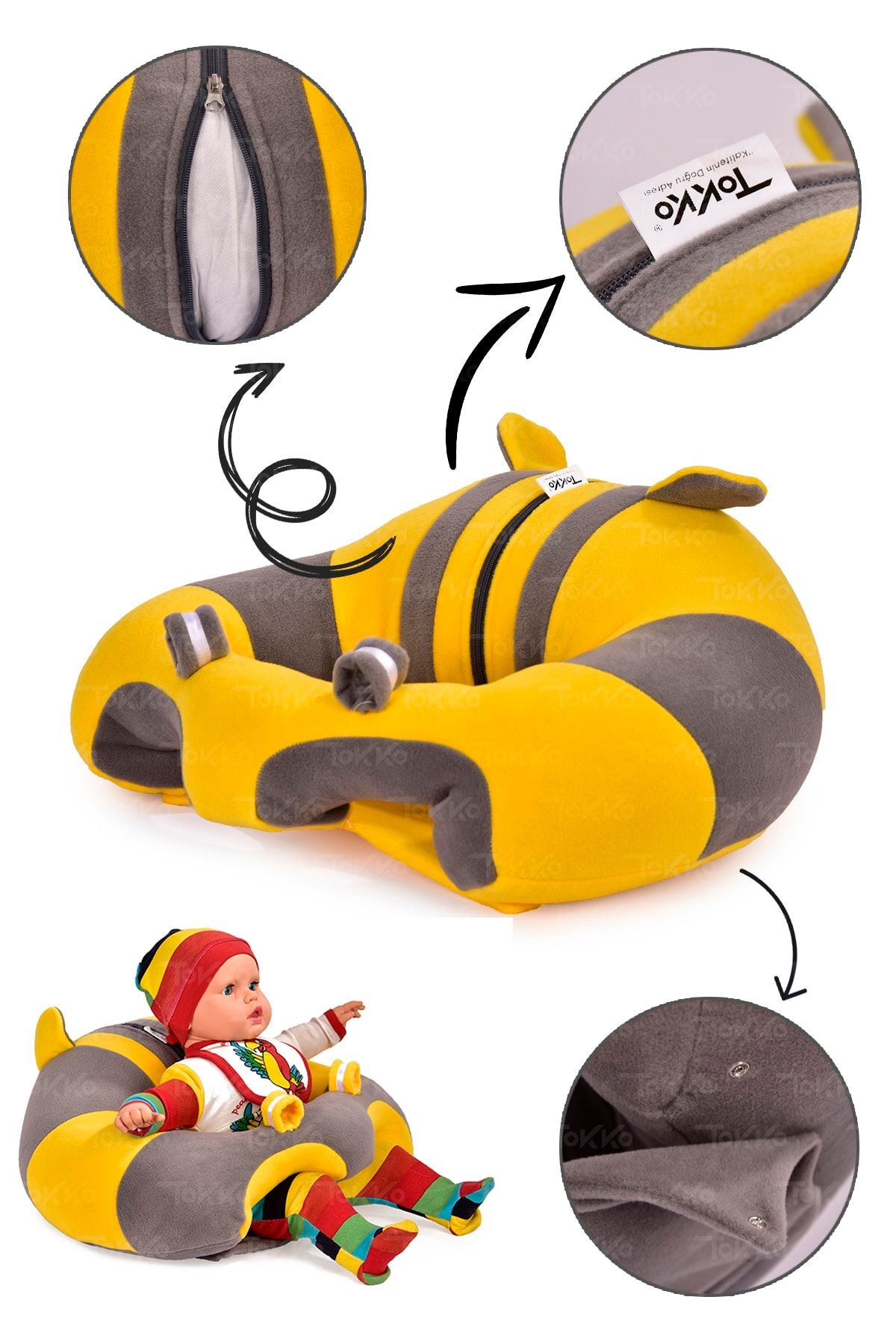 Lüks Üçlü Set - + 60 Cm Uyku Fili + Peluş Ayıcık - Antibakteriyel 3'lü Set Gri Sarı 2