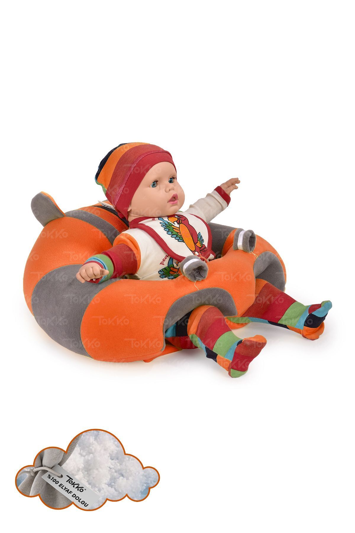 TOKKO Elyaf Dolgu Bebek Oturma Destek Minderi - Devrilmez Bebek Koltuğu - Büyük Bebek Oturağı Turuncu Gri