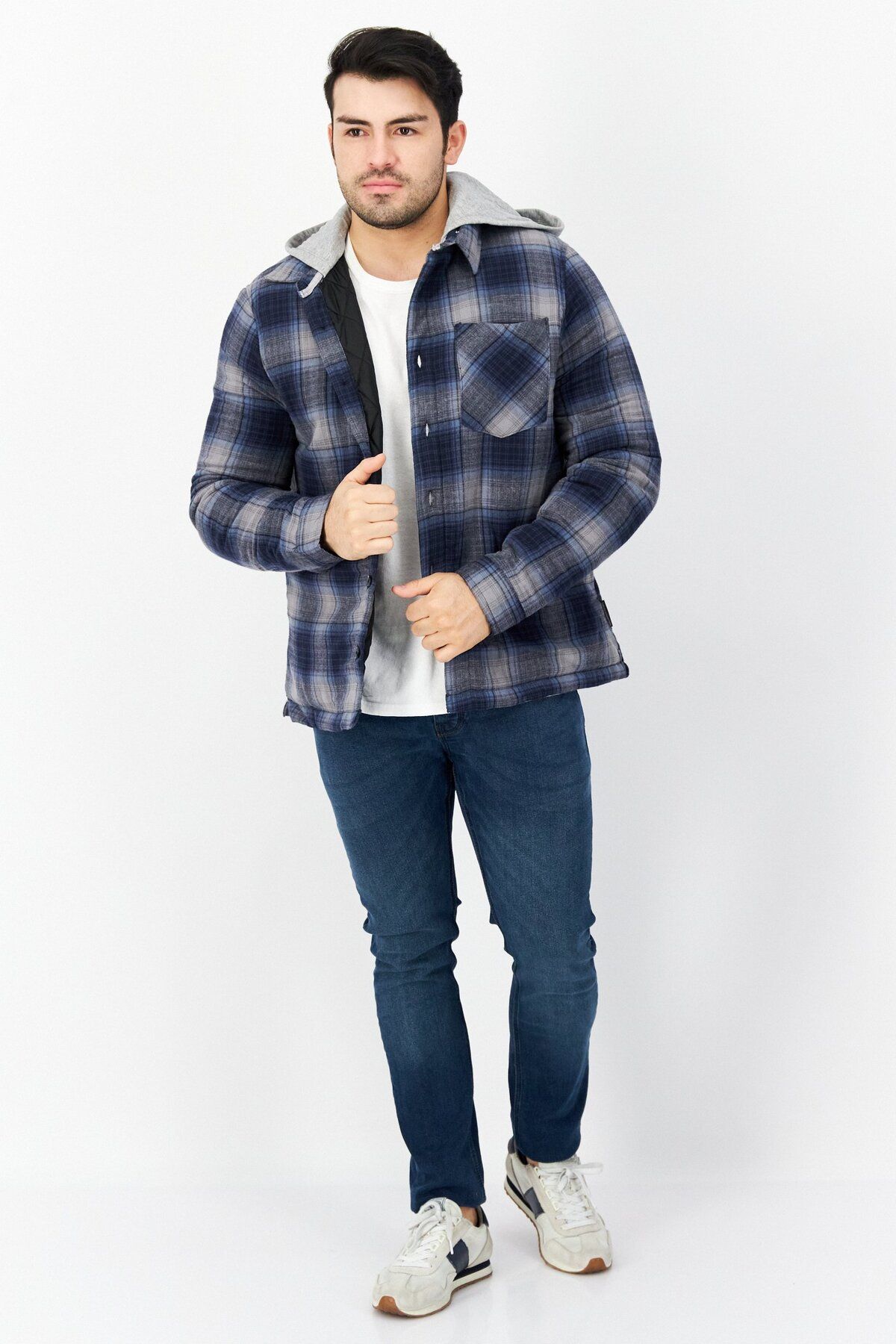 French Connection Men Hooded Plaid Long Sleeve Reversible Jacket Blue Grey Combo Trendyol