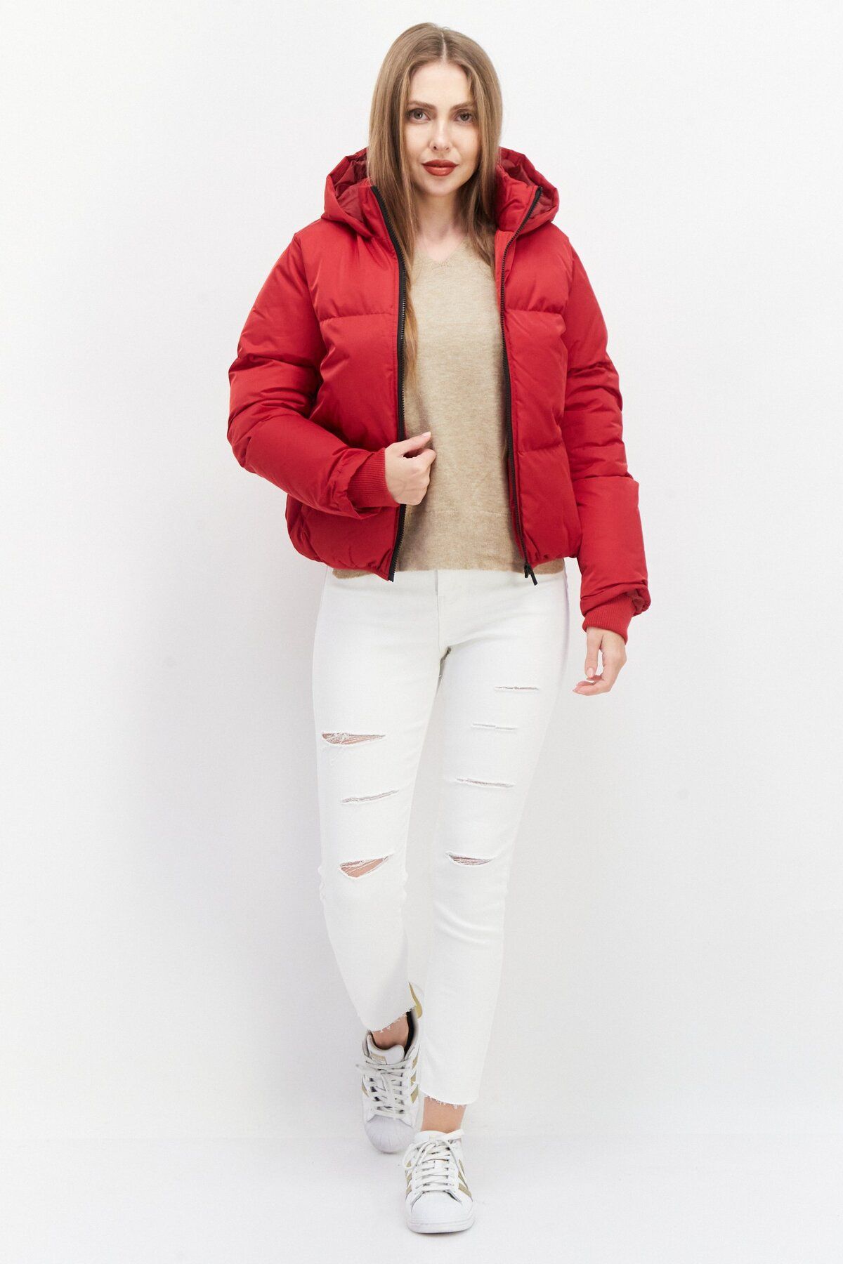 French Connection Women Hooded Plain Puffer Jacket Red Trendyol
