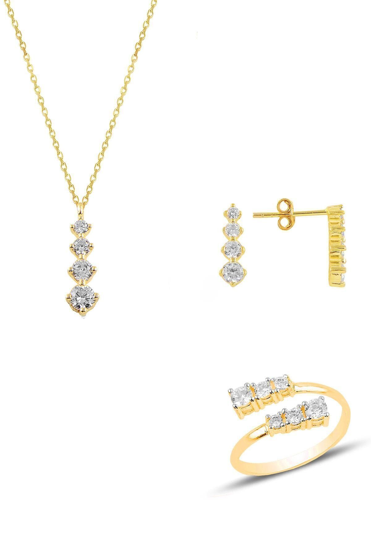 Söğütlü Silver Gümüş Altın Yaldızlı Zirkon Taşlı Pırlanta Modeli Pırıltı Üçlü Set Sgtl11088gold