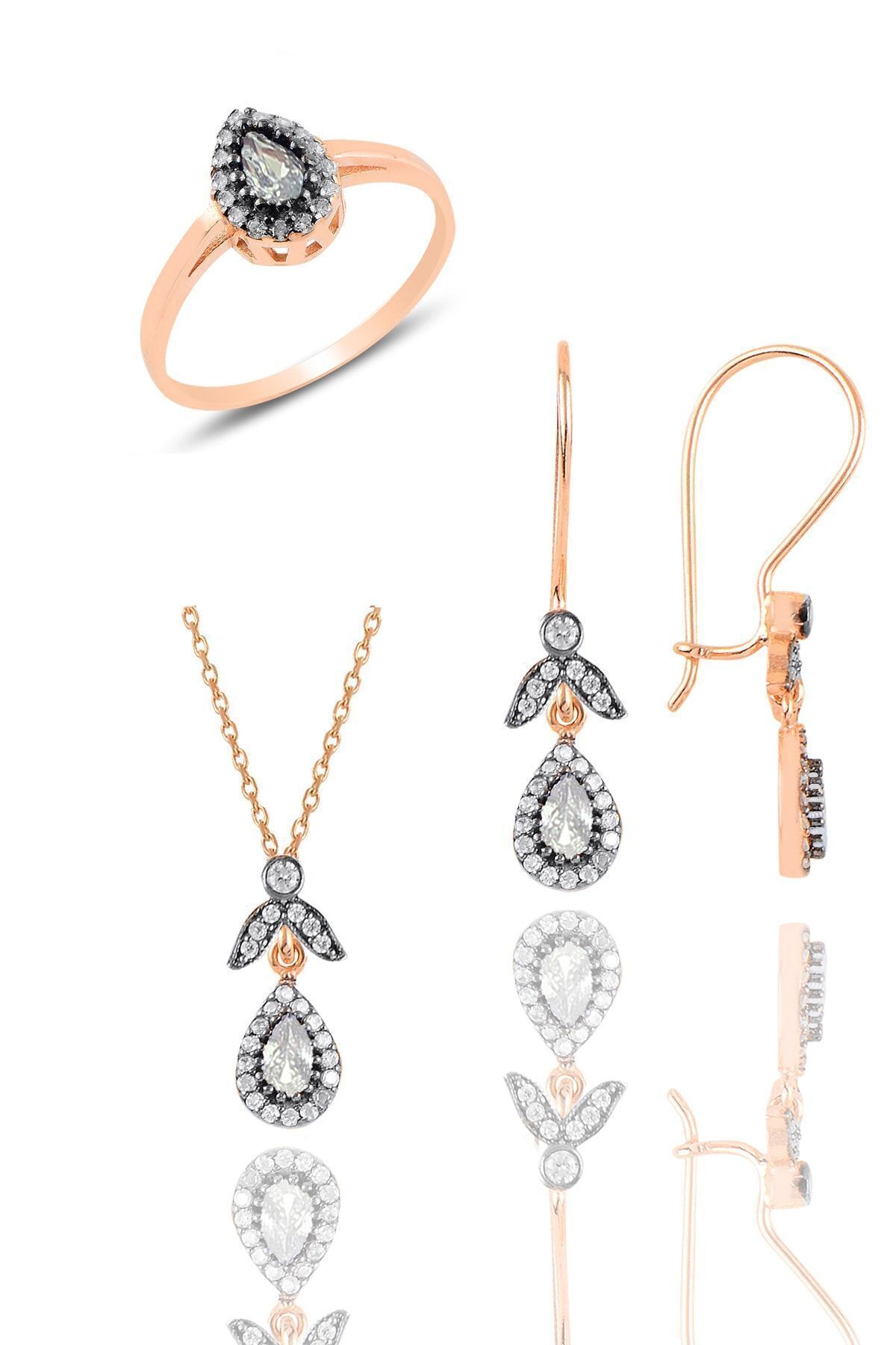 Söğütlü Silver Kadın Gümüş Rose Zirkon Taşlı Elmas Montürlü Damla Set Rose-15 SGTL9005