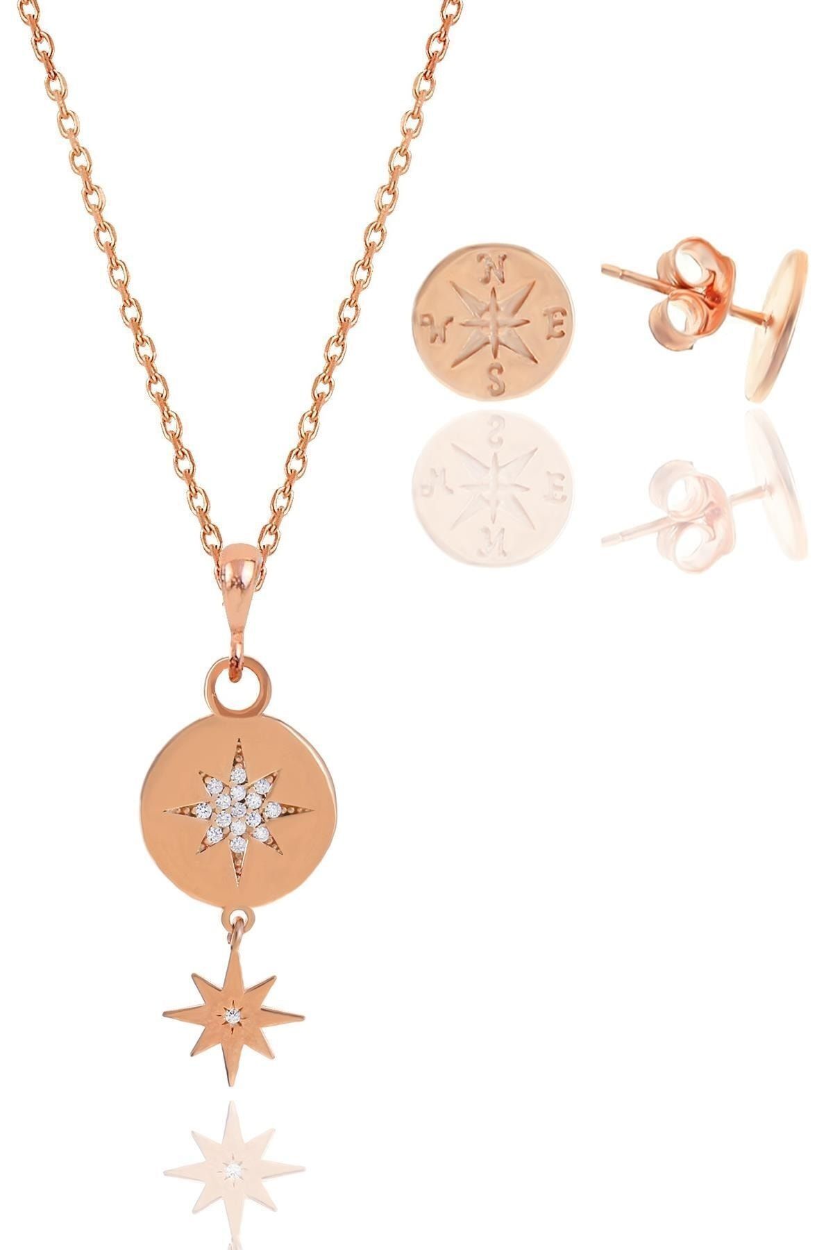 Söğütlü Silver Gümüş Rose Zirkon Taşlı Kuzey Yıldızı Kolye Ve Küpe Ikili Set