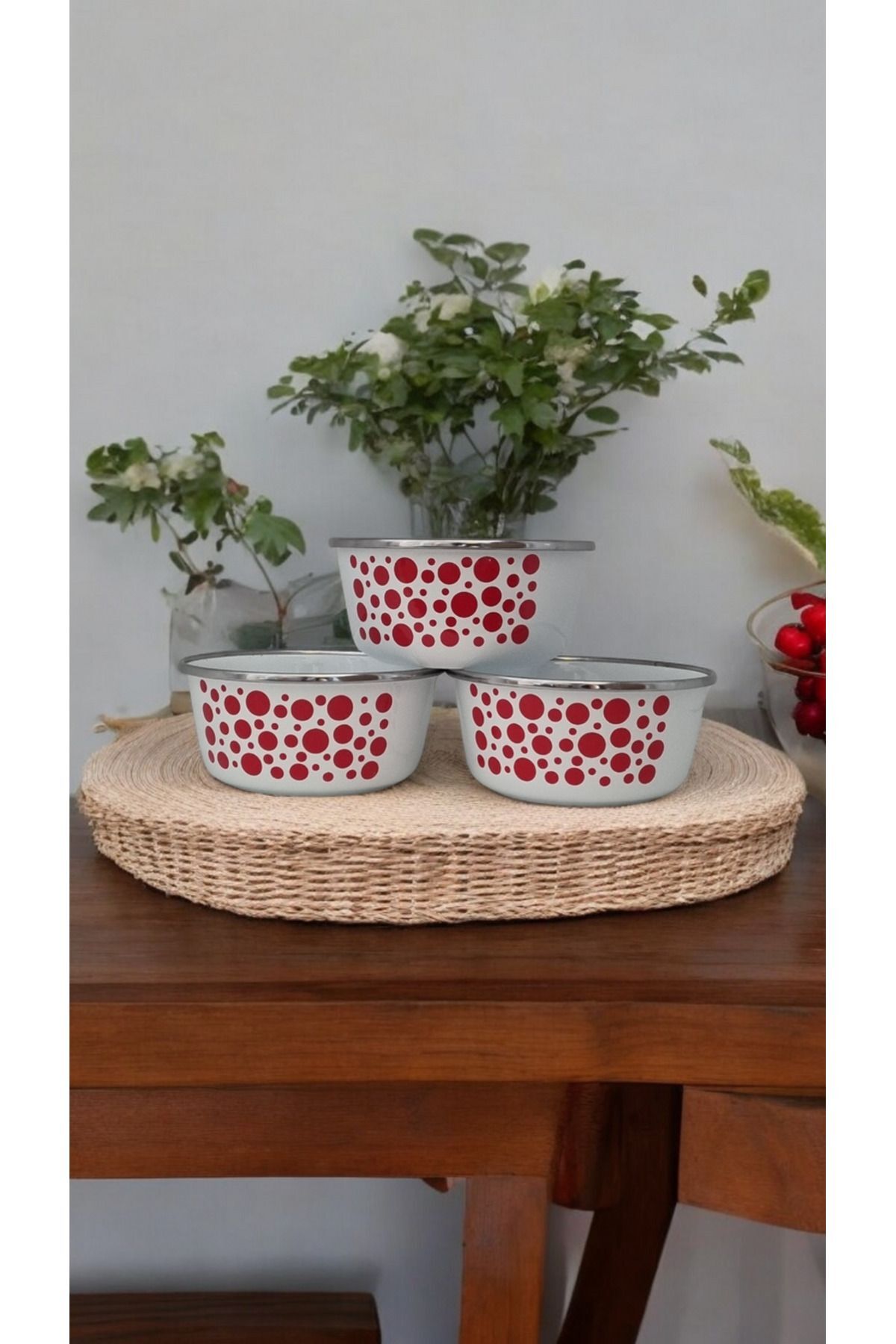 Savaşan Emaye Kase Seti Kırmızı Desenli Kase Takımı 12 Cm 3 Lü
