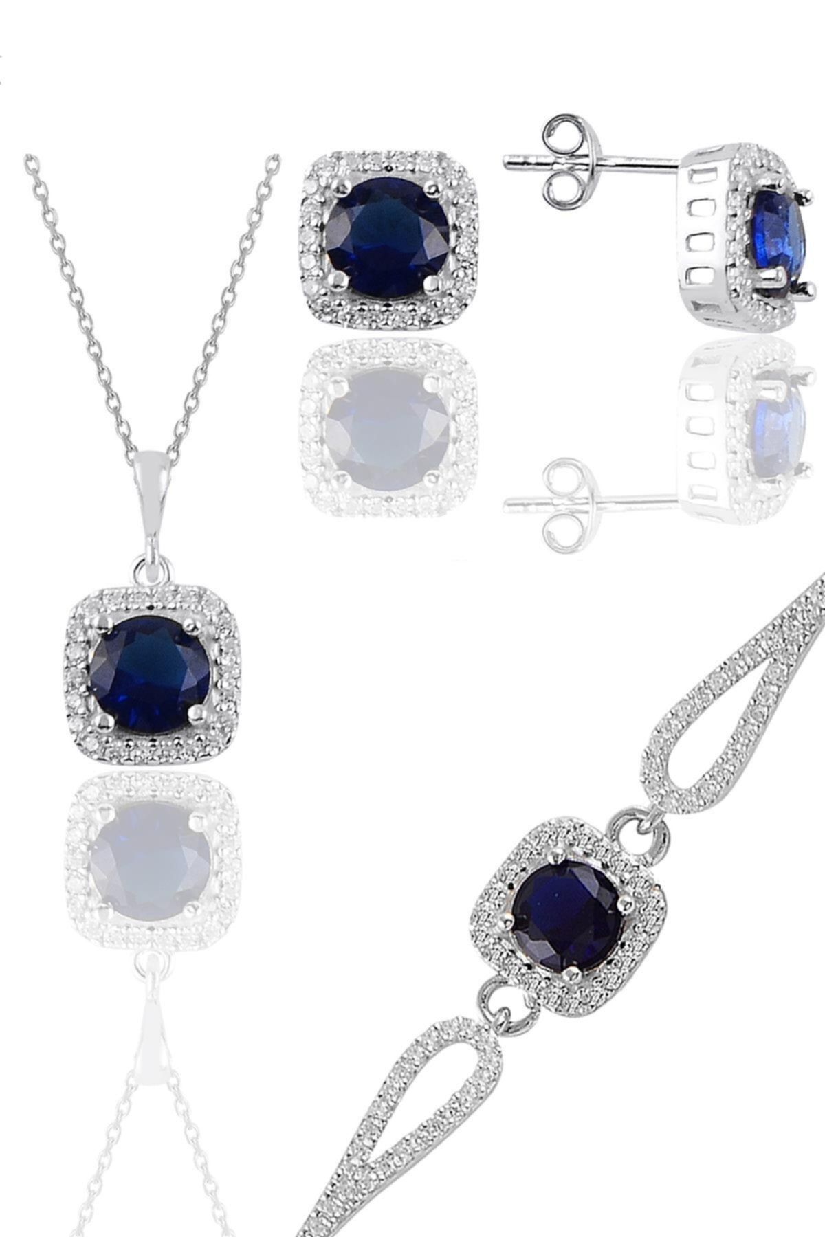 Söğütlü Silver Gümüş Rodyumlu Safir Taşlı Kare Kolye Küpe Ve Bileklikten Oluşan Üçlü Set Sgtl11578lacıvert