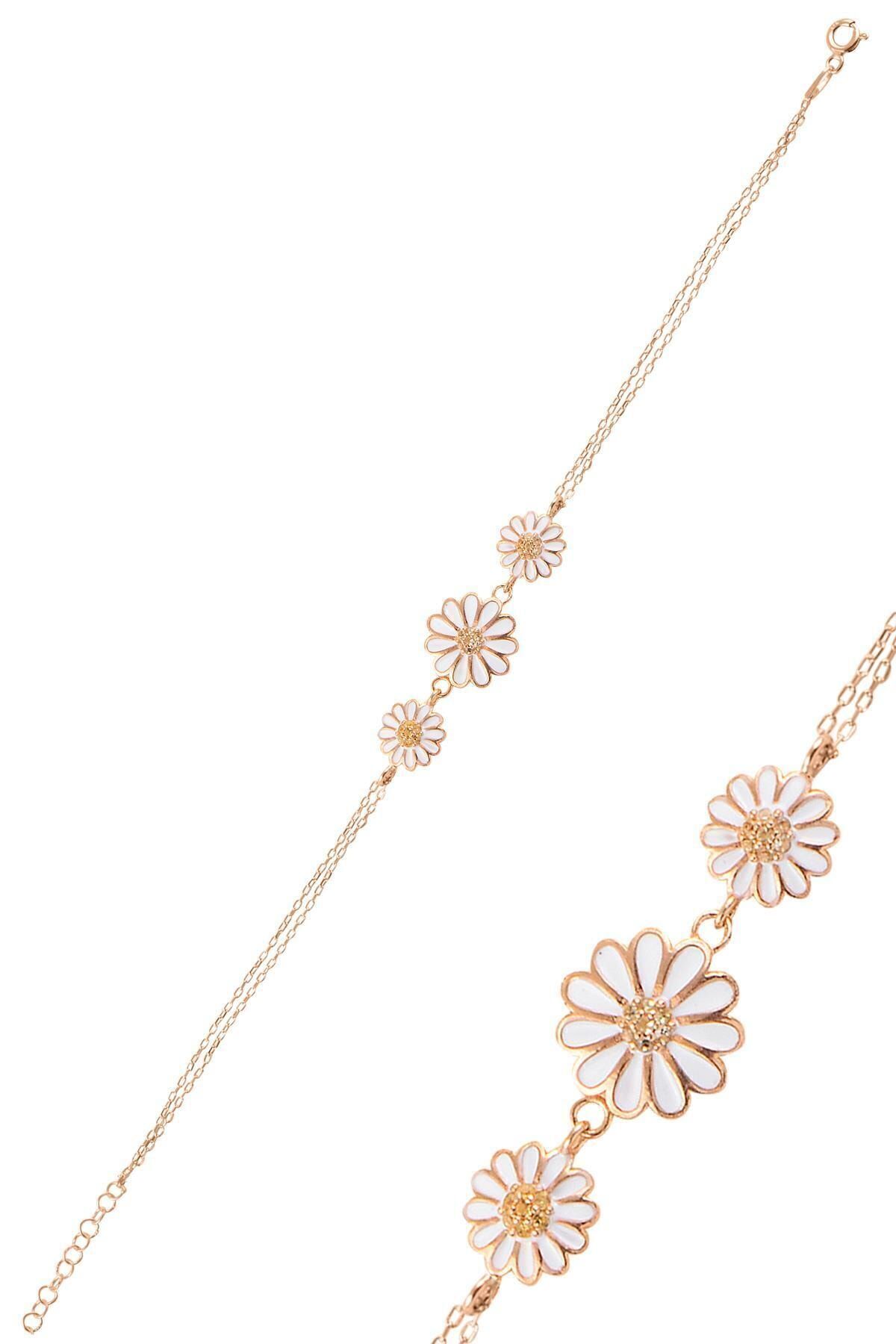 Gümüş Rose Taşlı Üçlü Papatya Bileklik Sgtl10993rose